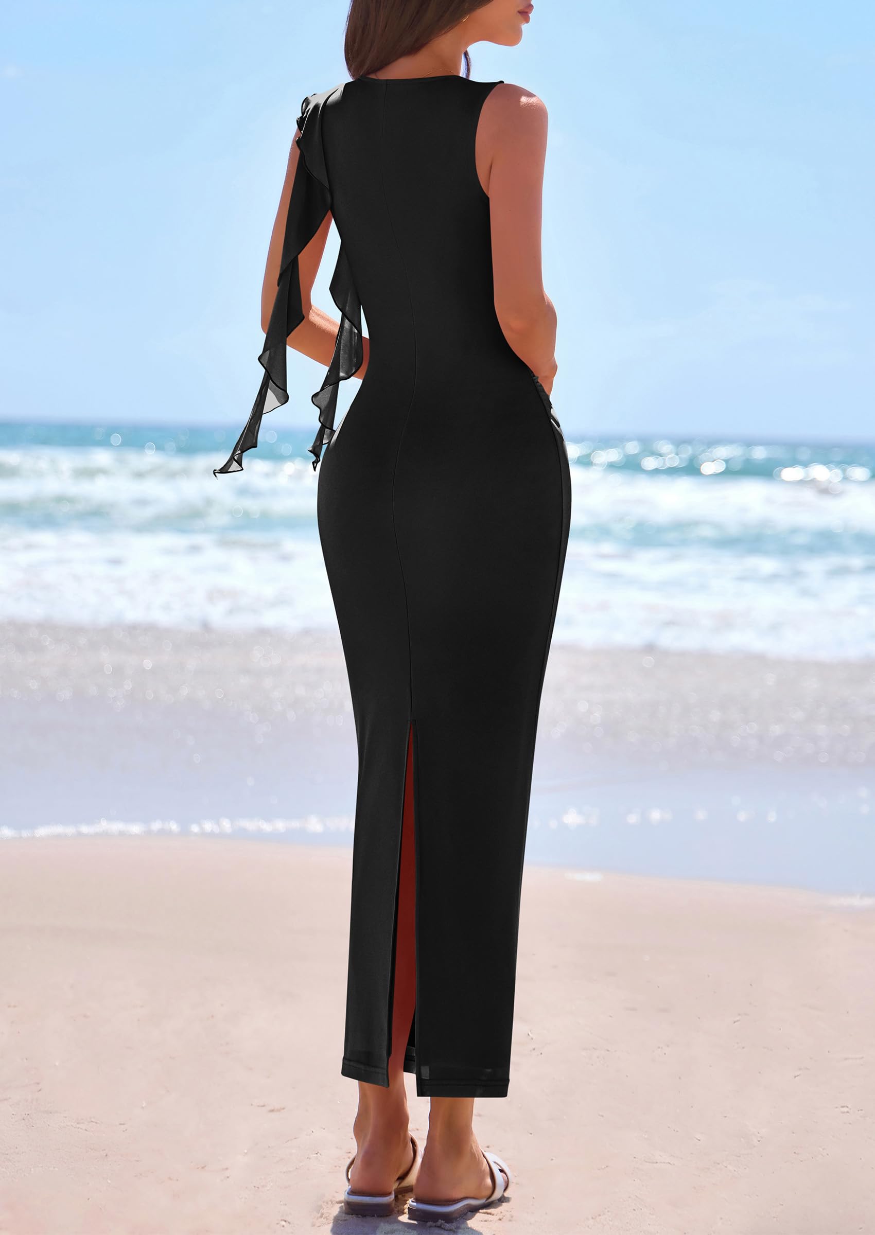 PRETTYGARDEN Women's Summer Maxi Dresses Sleeveless Ruffle Formal Wedding Guest Cocktail Mesh Bodycon Split Long Dress PRETTYGARDEN