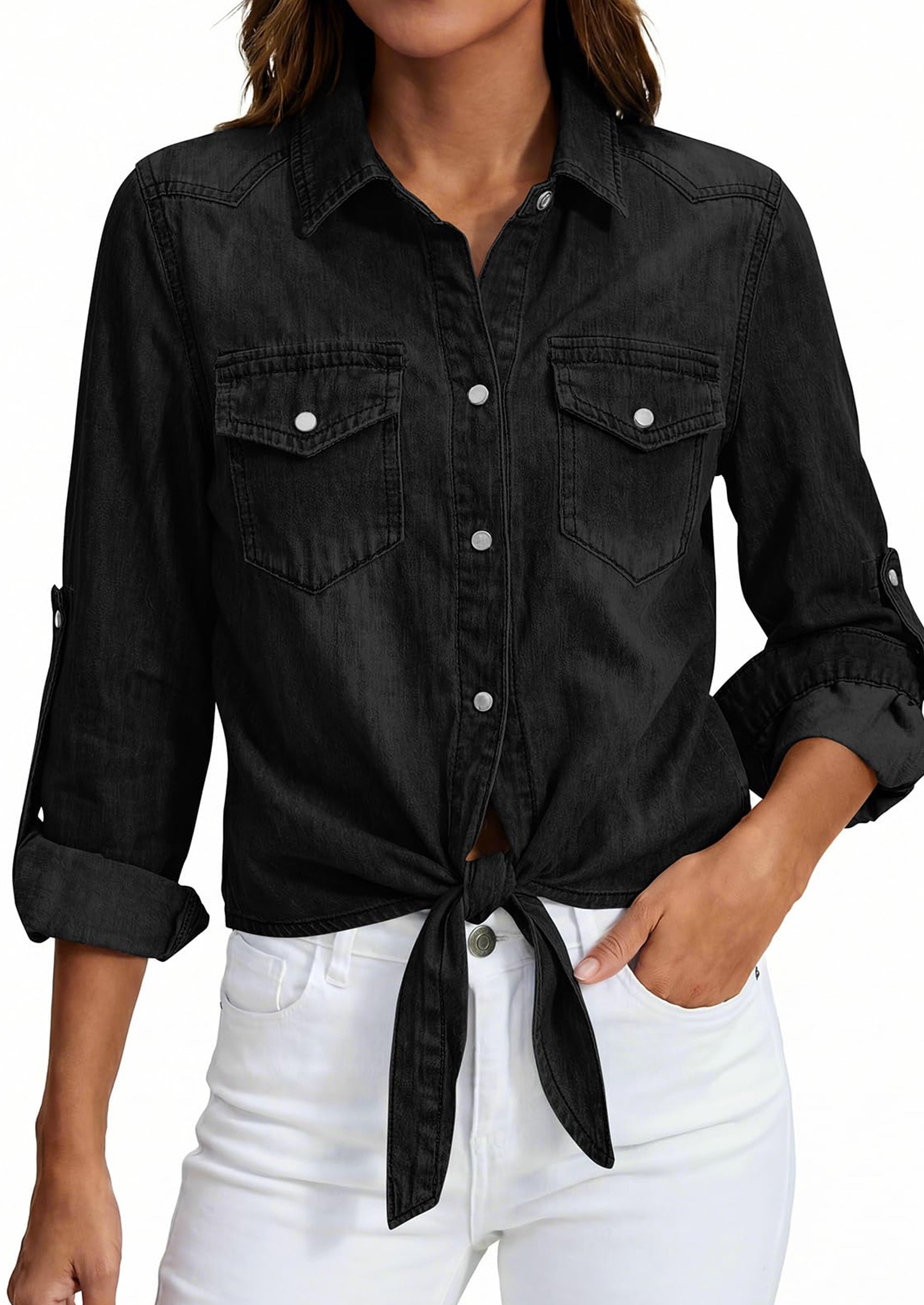 PRETTYGARDEN Womens Denim Shirts Collared Long Sleeve Button Down Shirt Women Tie Front Cardigans Summer Crop Tops Blouses