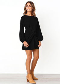 PRETTYGARDEN Womens Fall Elegant Long Lantern Sleeve Short Dress Wedding Guest Crewneck Tie Waist Knit Cocktail Dresses PRETTYGARDEN