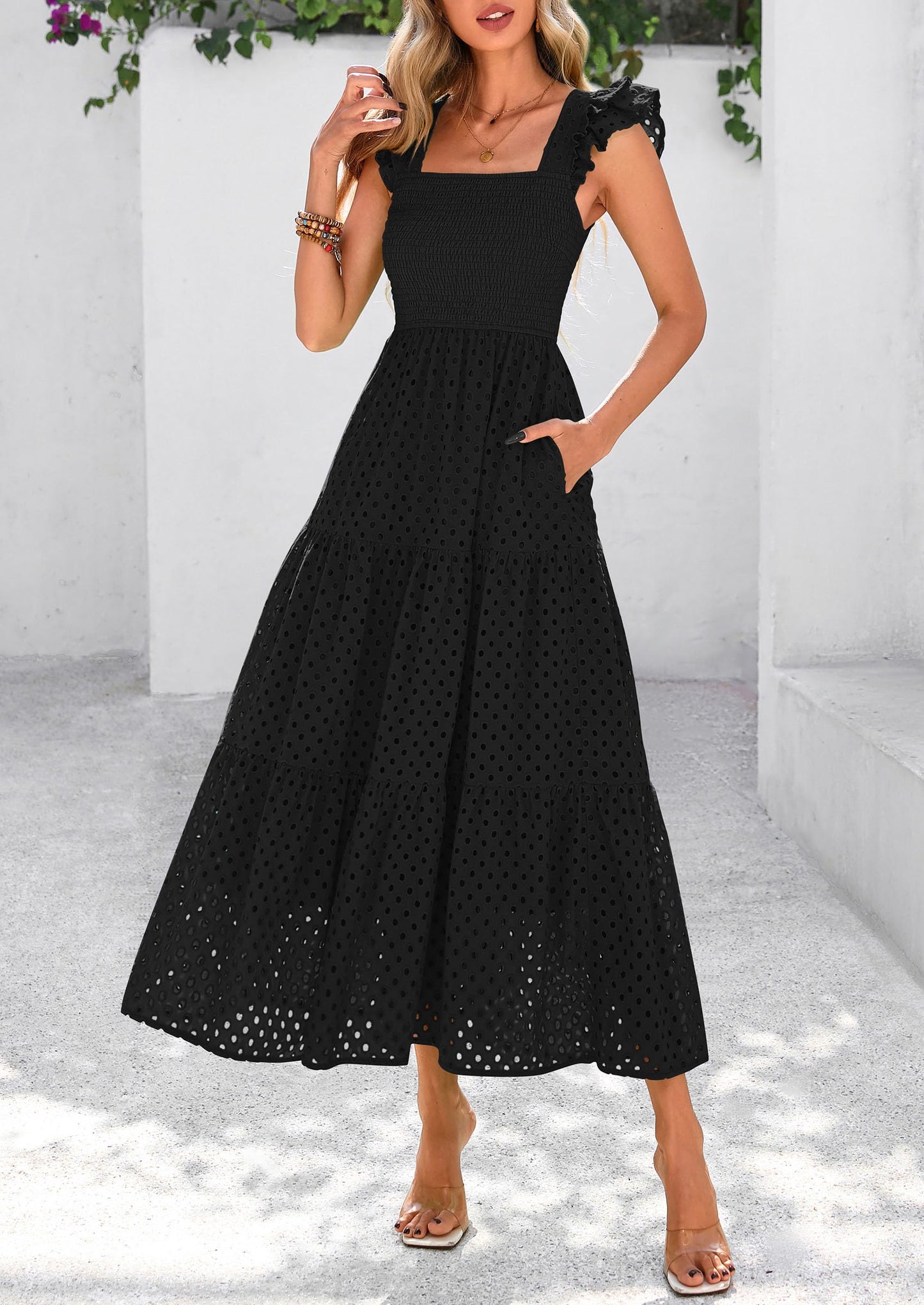 Womens Summer Square Neck Maxi Dresses Cap Sleeve Eyelet Smocked Tiered A Line Flowy Long Dress with Pockets