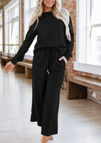 2 Piece Outfits Fall Casual Long Sleeve Pullover Tops and Wide Leg Pants Knitted Lounge Sets