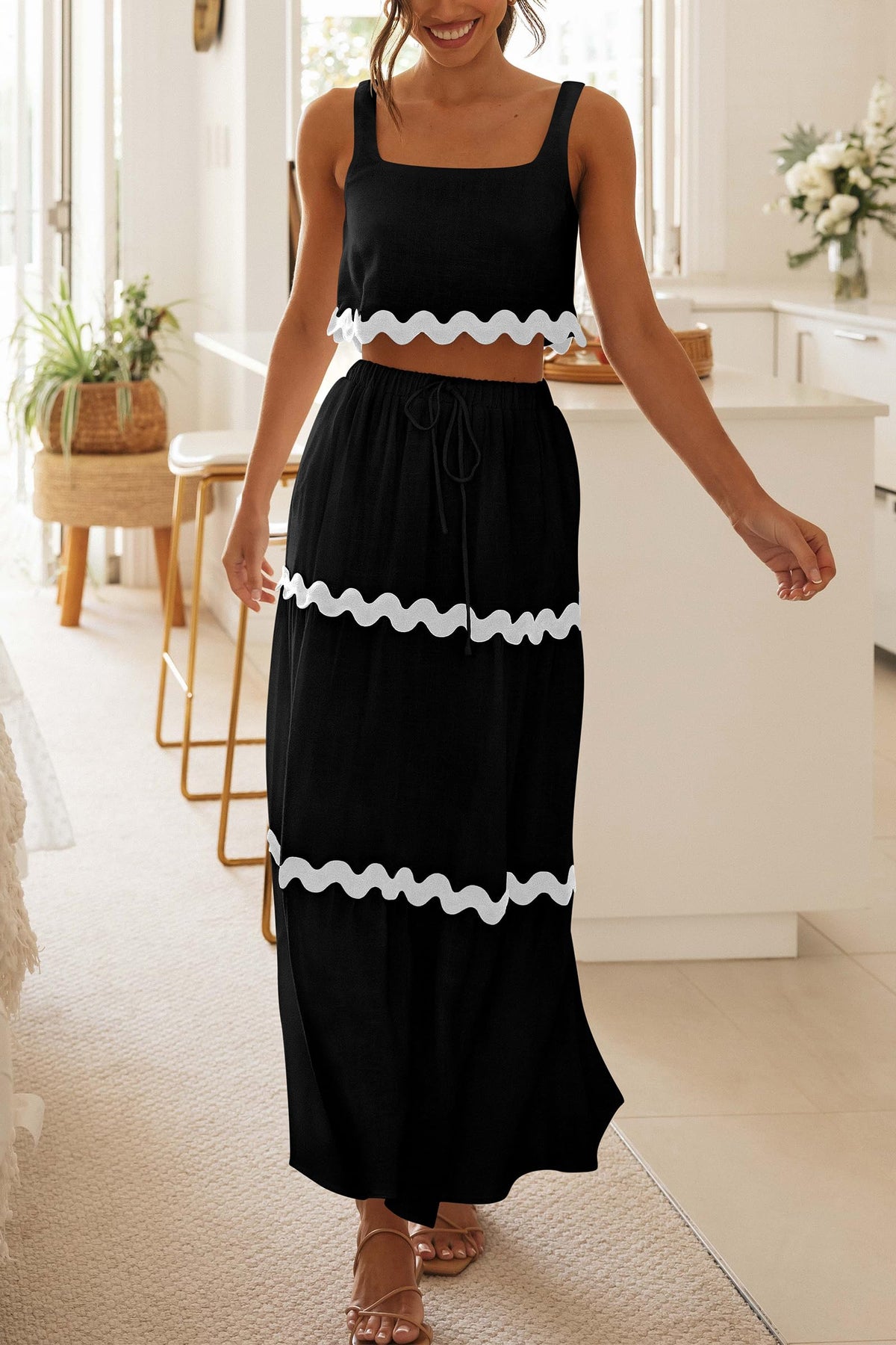 2 Piece Summer Casual Sleeveless Cropped Tank Top High Waisted Maxi Skirt Set