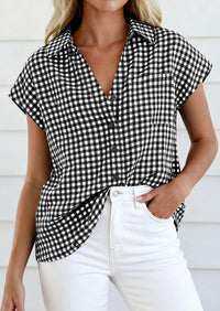 PRETTYGARDEN Womens Button Dwon Shirts V Neck Short Cap Sleeve Collared Plaid Tops Summer Spring Casual Blouses Clothes PRETTYGARDEN