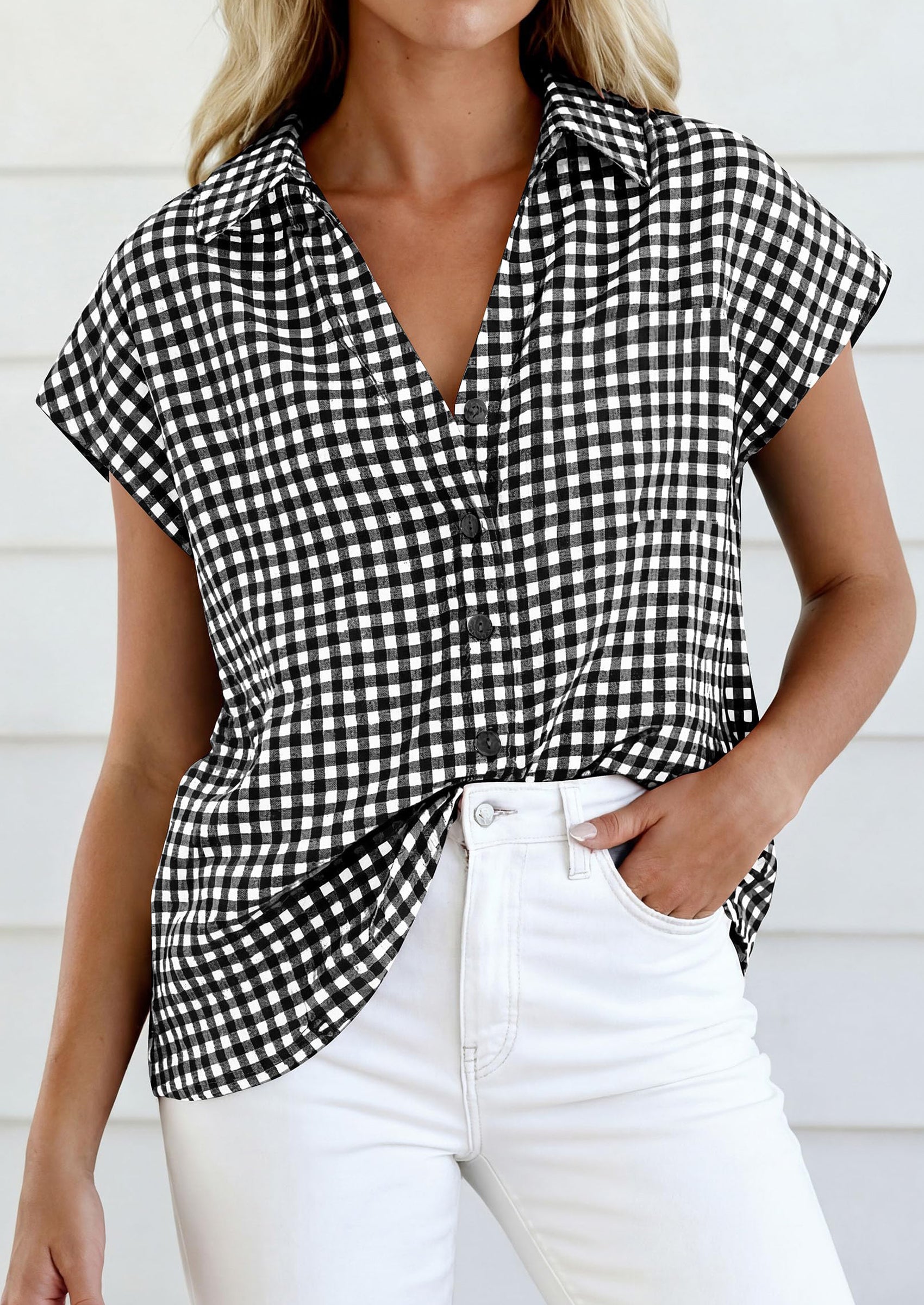 PRETTYGARDEN Womens Button Dwon Shirts V Neck Short Cap Sleeve Collared Plaid Tops Summer Spring Casual Blouses Clothes PRETTYGARDEN