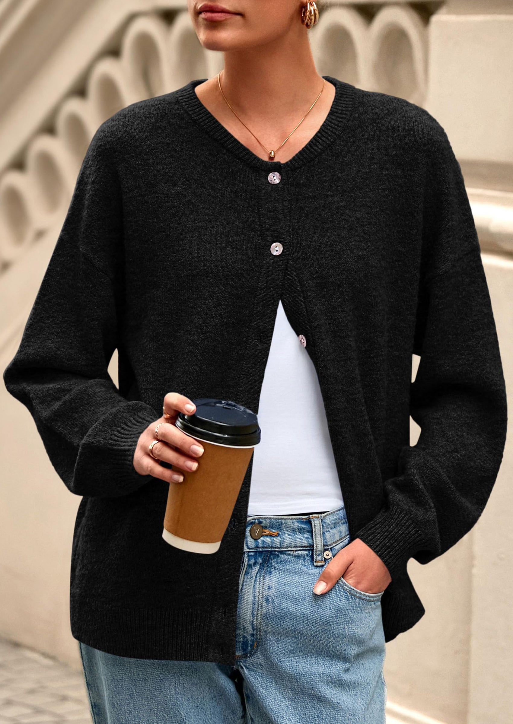 PRETTYGARDEN Fall Long Sleeve Cardigans for Women Trendy Open Front Winter Button Down Crewneck Soft Knit Sweater Jacket