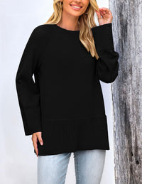 Women's Fall Knit Sweaters Long Sleeve Pullover Crewneck Split Hem Loose Oversized Tunic Sweater Top