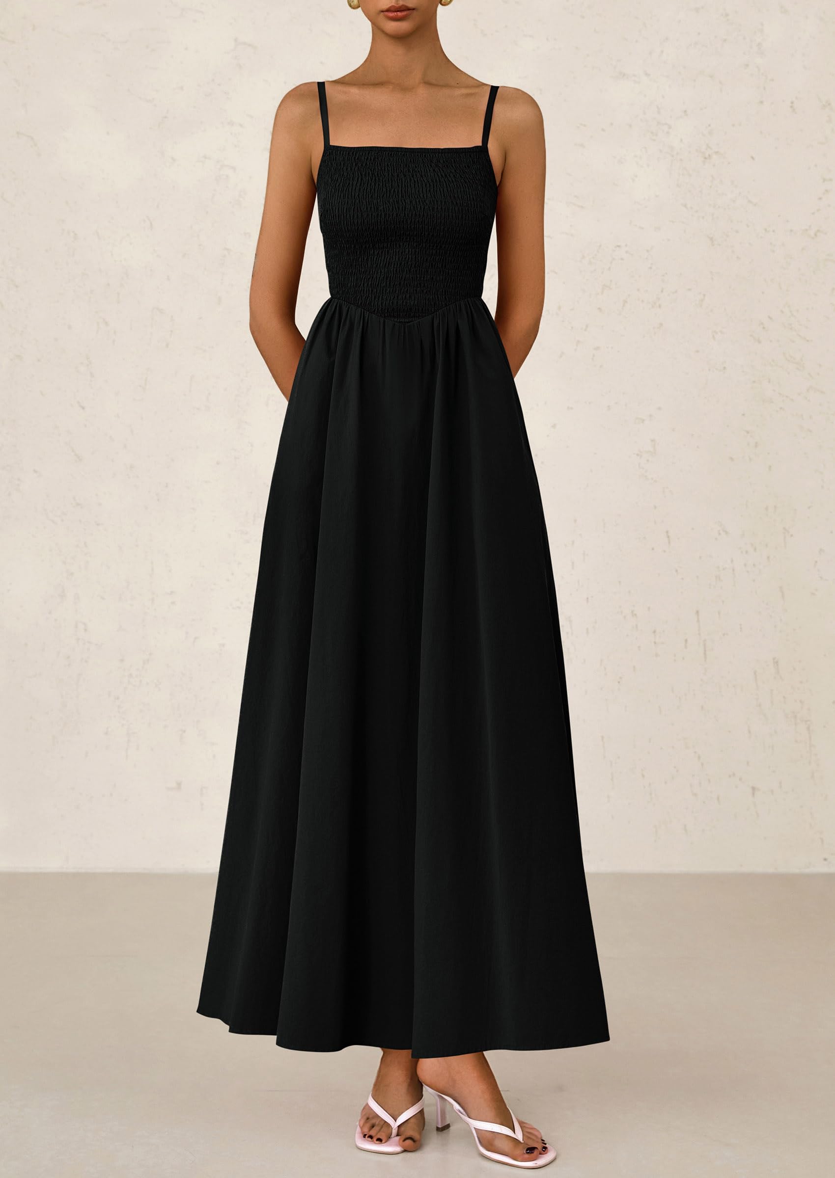 PRETTYGARDEN Women's Smocked Maxi Dresses Beach Sundress Casual Spaghetti Strap Swing A Line Long Flowy Dress