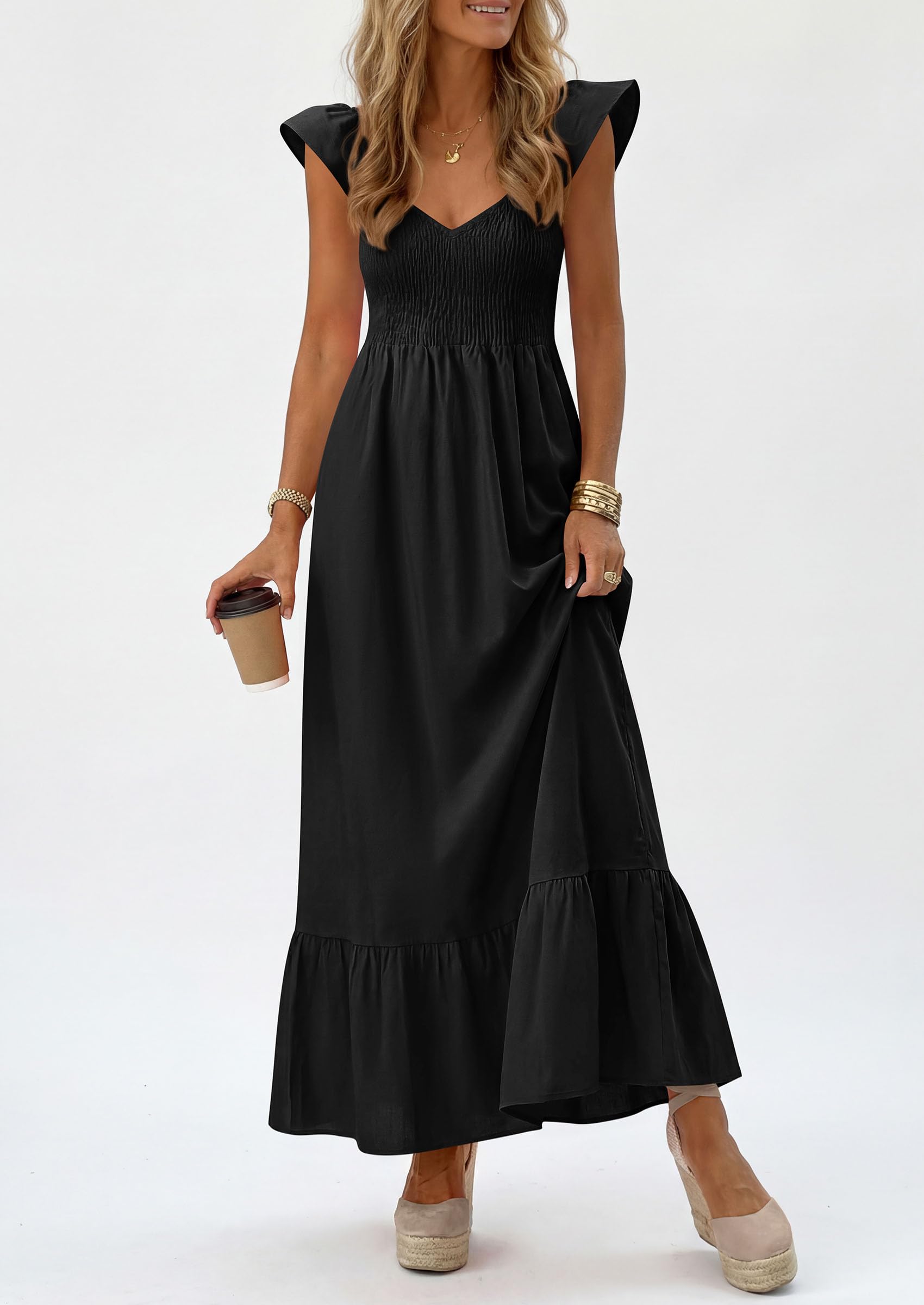 PRETTYGARDEN Women's Summer Casual Maxi Dresses Cap Sleeve V Neck Smocked Long Pockets Party Sundress Vacation Outfits PRETTYGARDEN