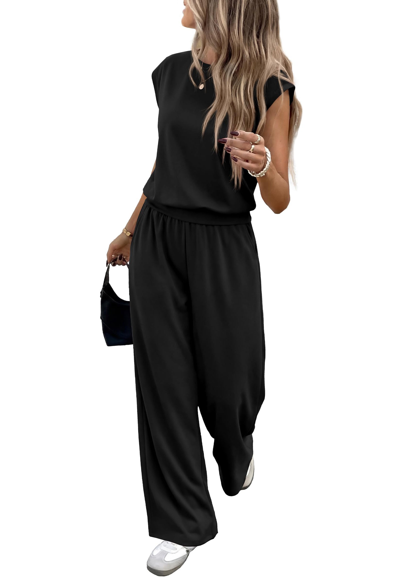 PRETTYGARDEN Women's Summer 2 Piece Lounge Sets Cap Sleeve Tops Wide Leg Pants Workout Sets Loose Casual Tracksuit PRETTYGARDEN