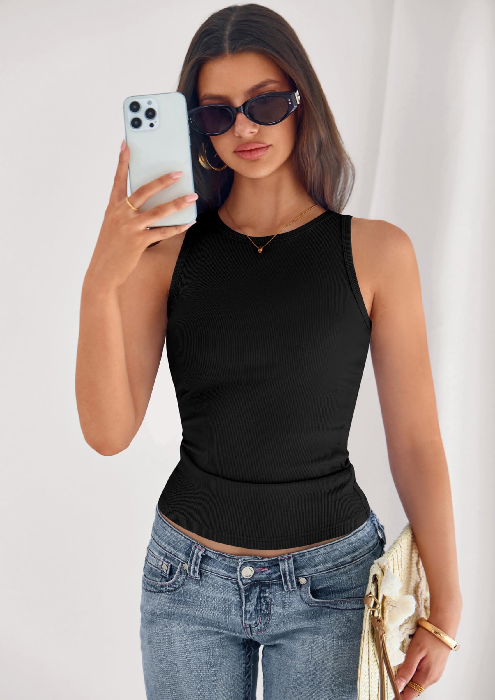 PRETTYGARDEN Womens Summer High Neck Ribbed Tank Tops Casual Basic Sleeveless Slim Fitted Racerback Workout T Shirts PRETTYGARDEN