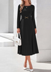 PRETTYGARDEN Women's Fall Long Sleeve Semi Formal Midi Dresses with Pockets Boat Neck, Metal Buckle Tie Waist, Flowy A Line, Elegant Classy Wedding Guest Cocktail Party Dress, Business Casual Outfits