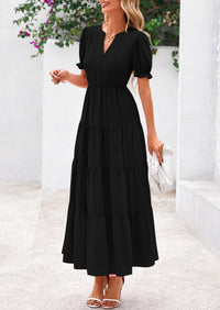 Women's Casual Summer Maxi Dress 2025 Spring Short Sleeve V Neck Tiered Flowy Beach Vacation Dress with Pockets