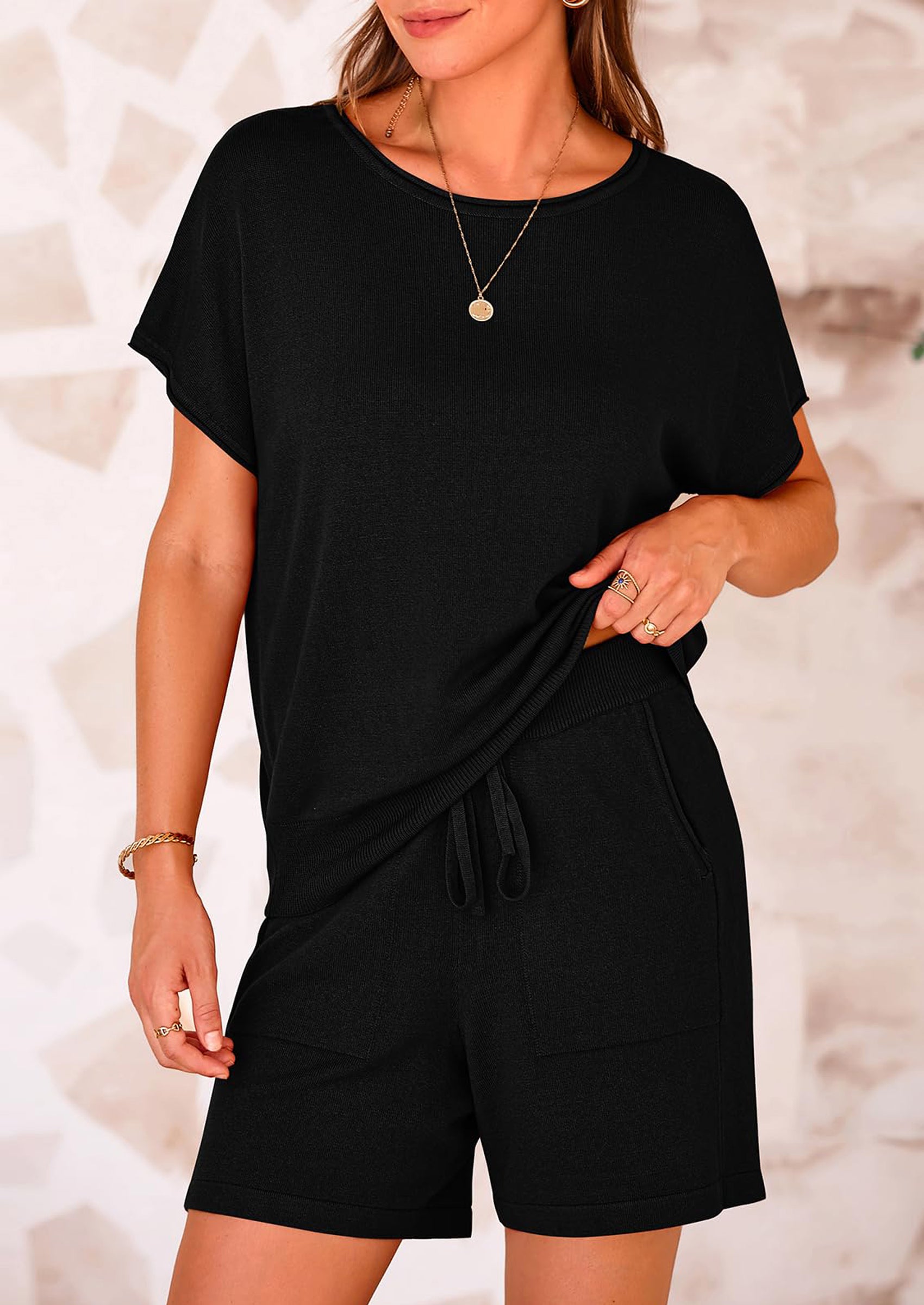 PRETTYGARDEN Two Piece Set for Women Summer Lounge Sets Shorts And Short Sleeve Tops Knitted Matching Travel Spring Outfits PRETTYGARDEN