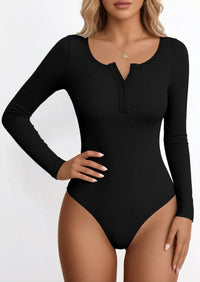 PRETTYGARDEN Long Sleeve Bodysuits for Women Ribbed Knit Henley Button Up Slim Fitted Basic Tops Winter Fashion Clothing PRETTYGARDEN
