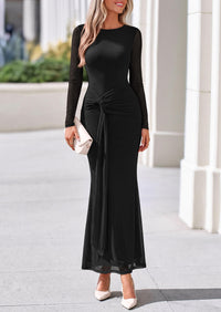 PRETTYGARDEN Women's Long Sleeve Tie Waist Maxi Dresses						  Sexy Mesh Style,Ruched Design,Wedding Guest,Cocktail Party,Night Out,2026 Early Fall Fashion Outfits,Cute Spring Dress