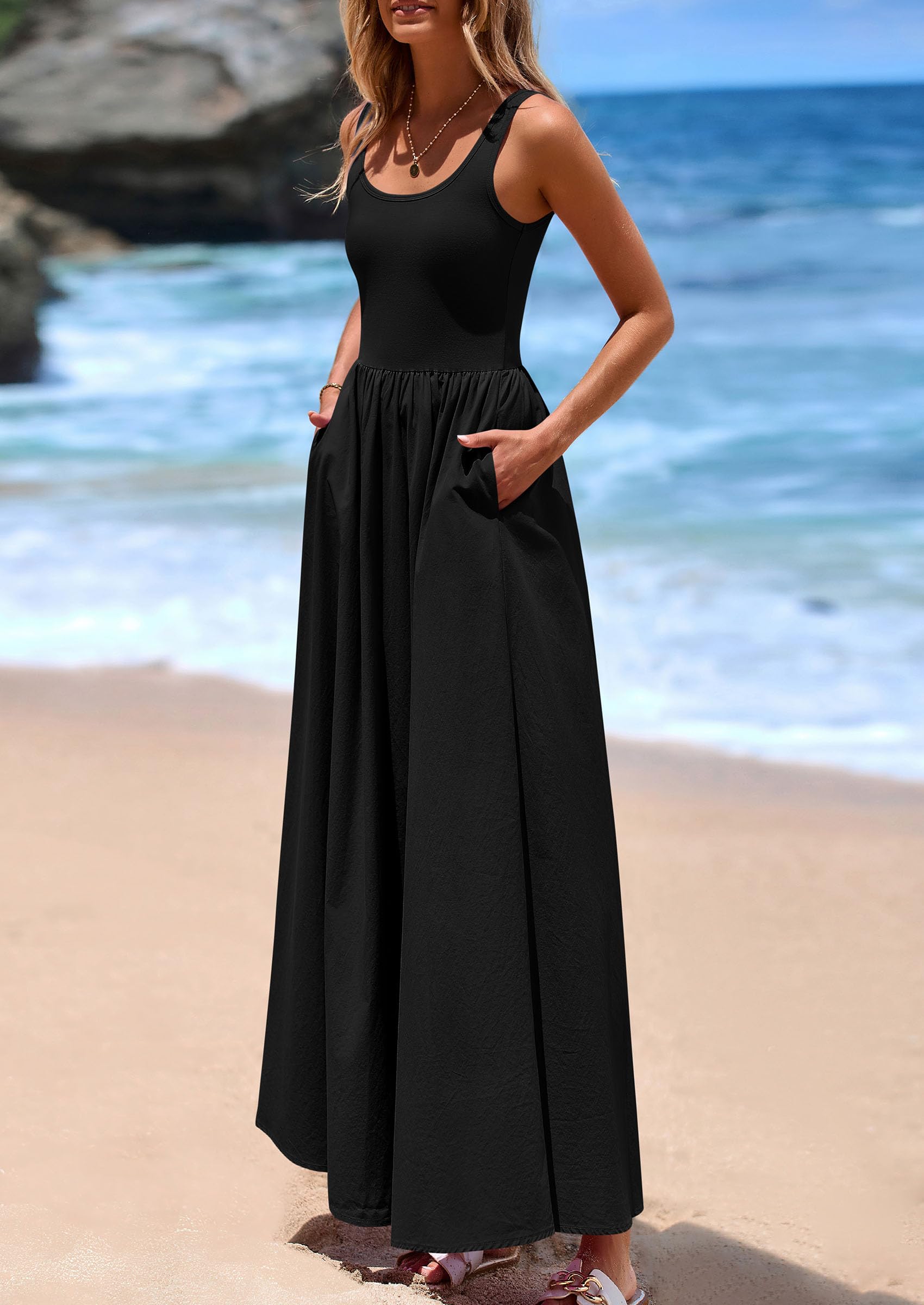 PRETTYGARDEN Womens Summer Casual Scoop Neck Sleeveless Long Dresses Tank Top Patchwork Aline Swing Maxi Dress with Pockets