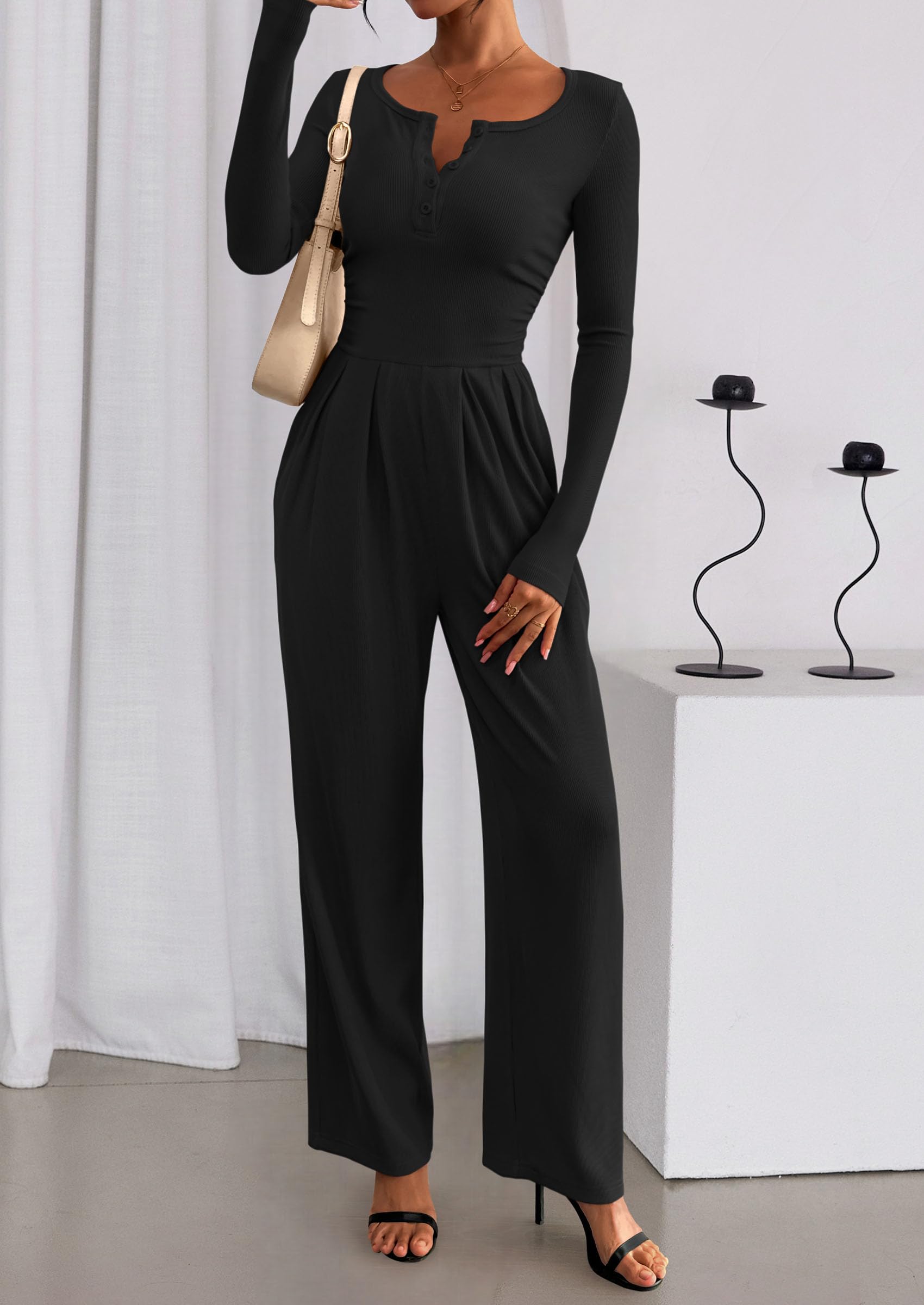 PRETTYGARDEN Jumpsuits for Women Dressy Casual Fall One Piece Outfits Long Sleeve Crew Neck Wide Leg Pants Rompers