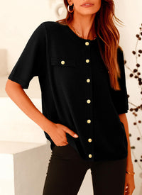 Button Down Casual Short Sleeve Crew Neck Ribbed Knit Shirts