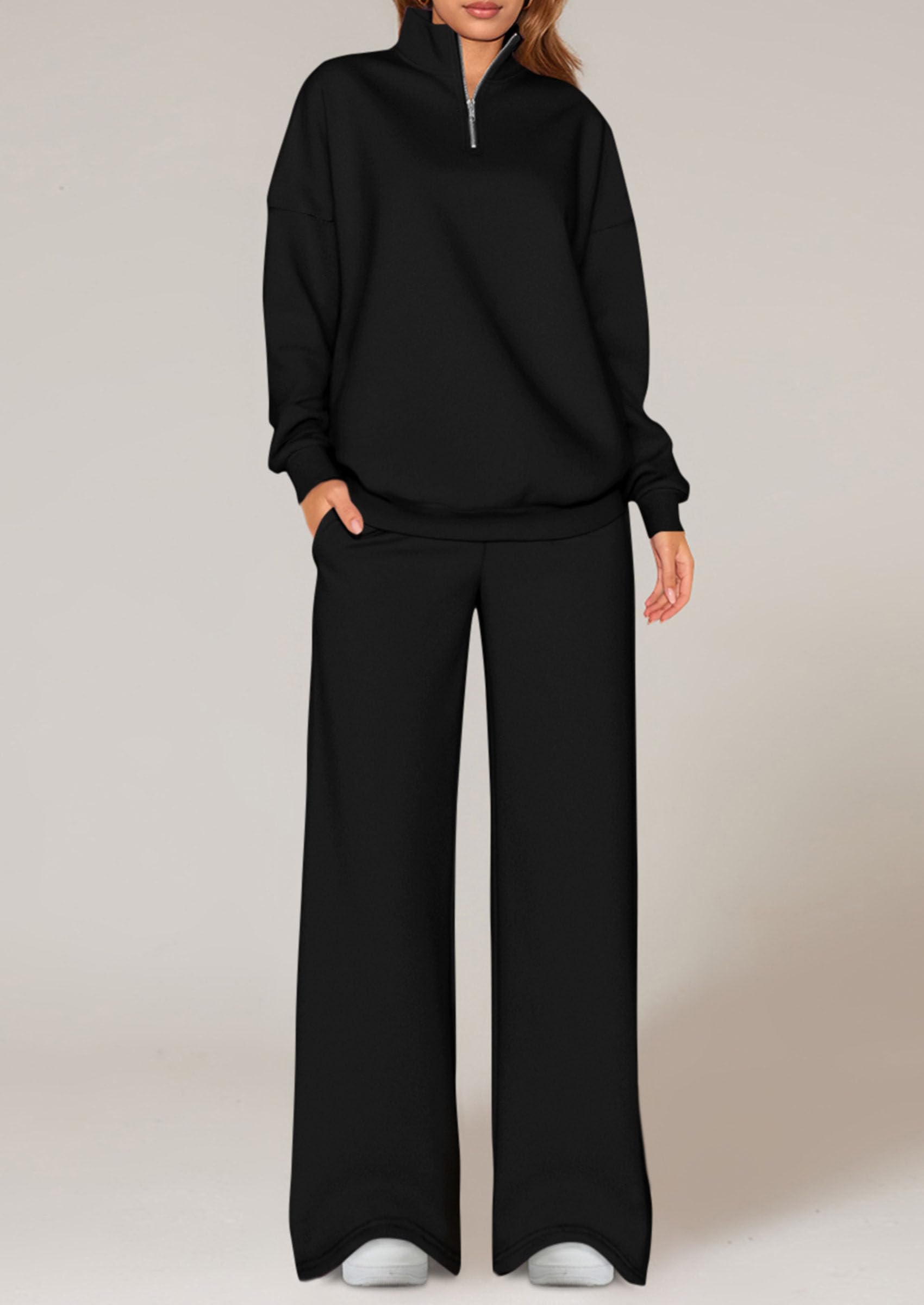 PRETTYGARDEN Womens Casual Two Piece Sets Fall Outfits Quarter Zip Sweatshirts Straight Leg Pants Sweatsuits Tracksuit