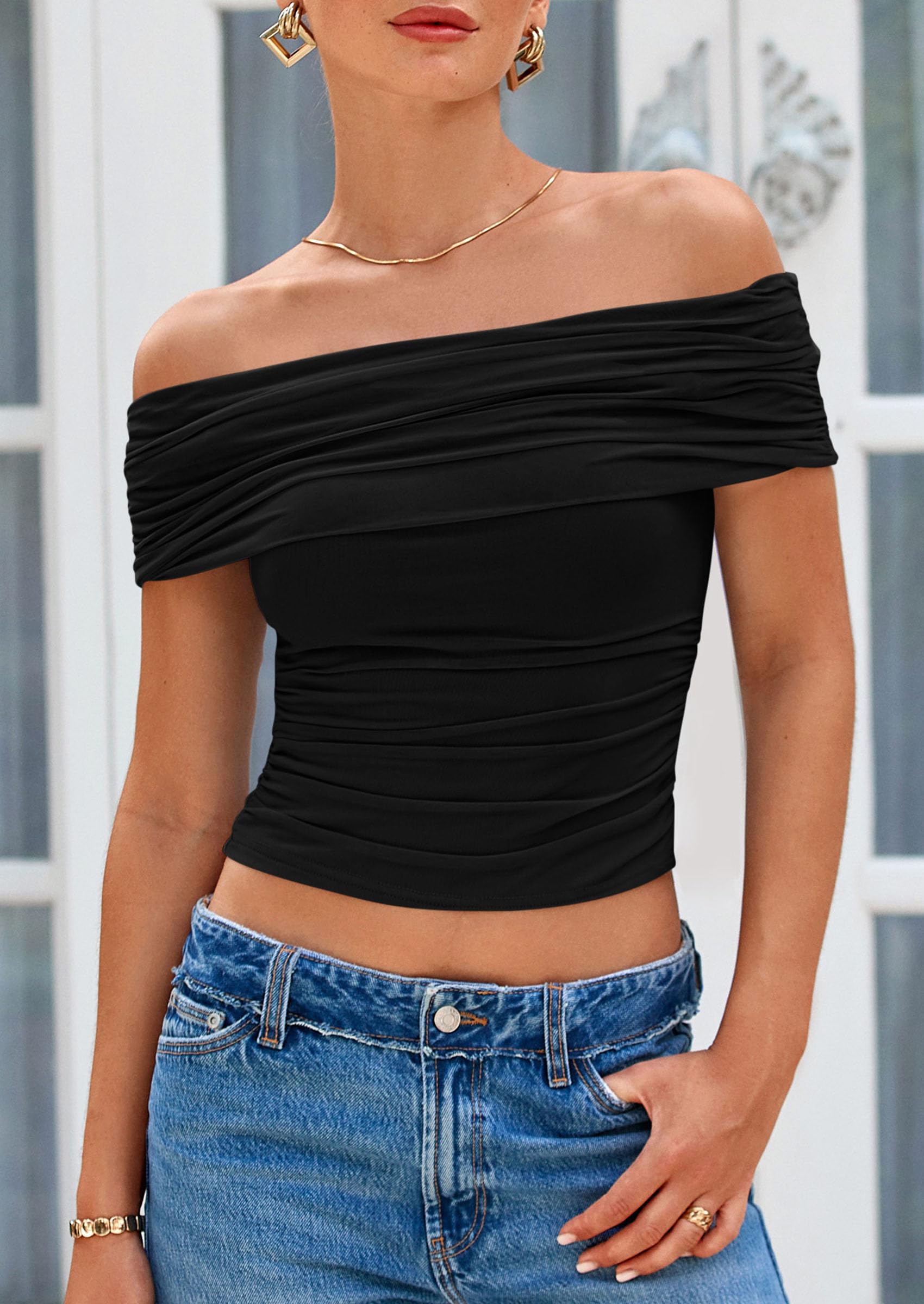 PRETTYGARDEN Summer Tops for Women Off Shoulder Short Sleeve Ruched Slim Fit Shirts Blouses Y2K Going Out Top