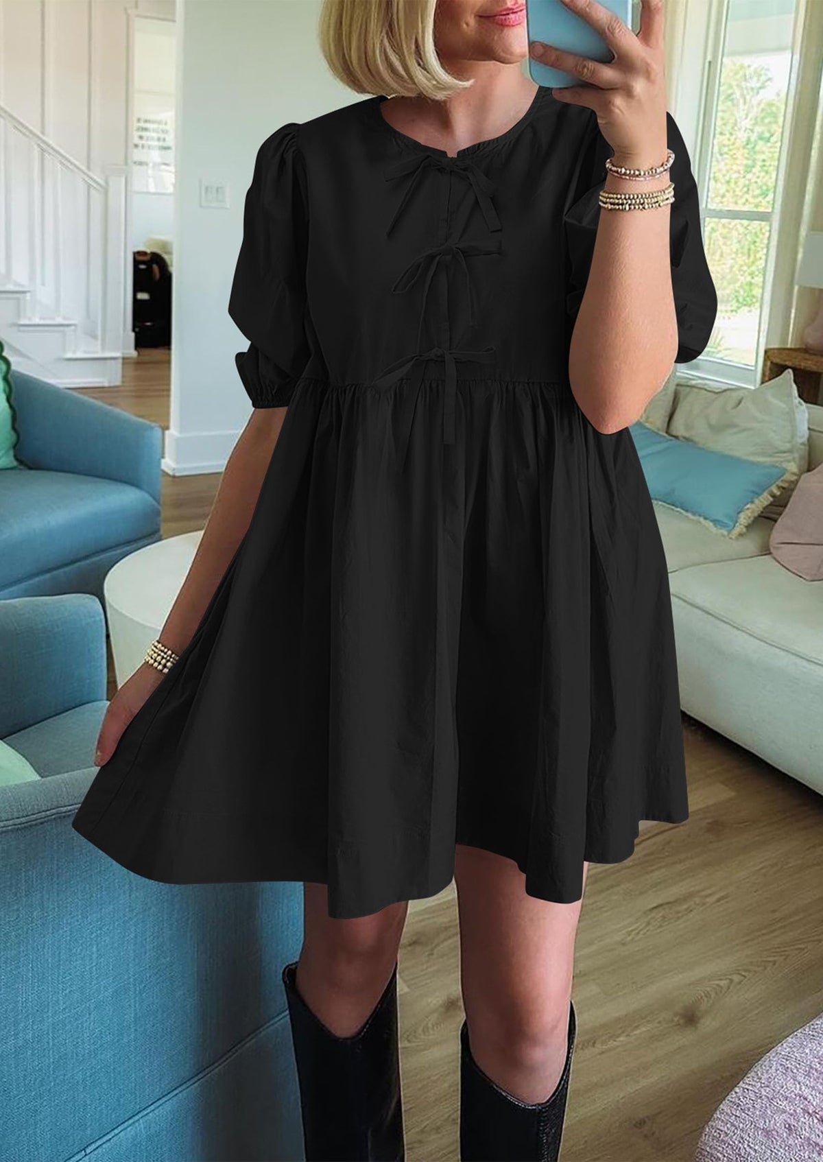 Womens Summer Casual Short Sleeve Dresses A Line Bow Tie Front Babydoll Loose Cute Mini Dress with Pockets