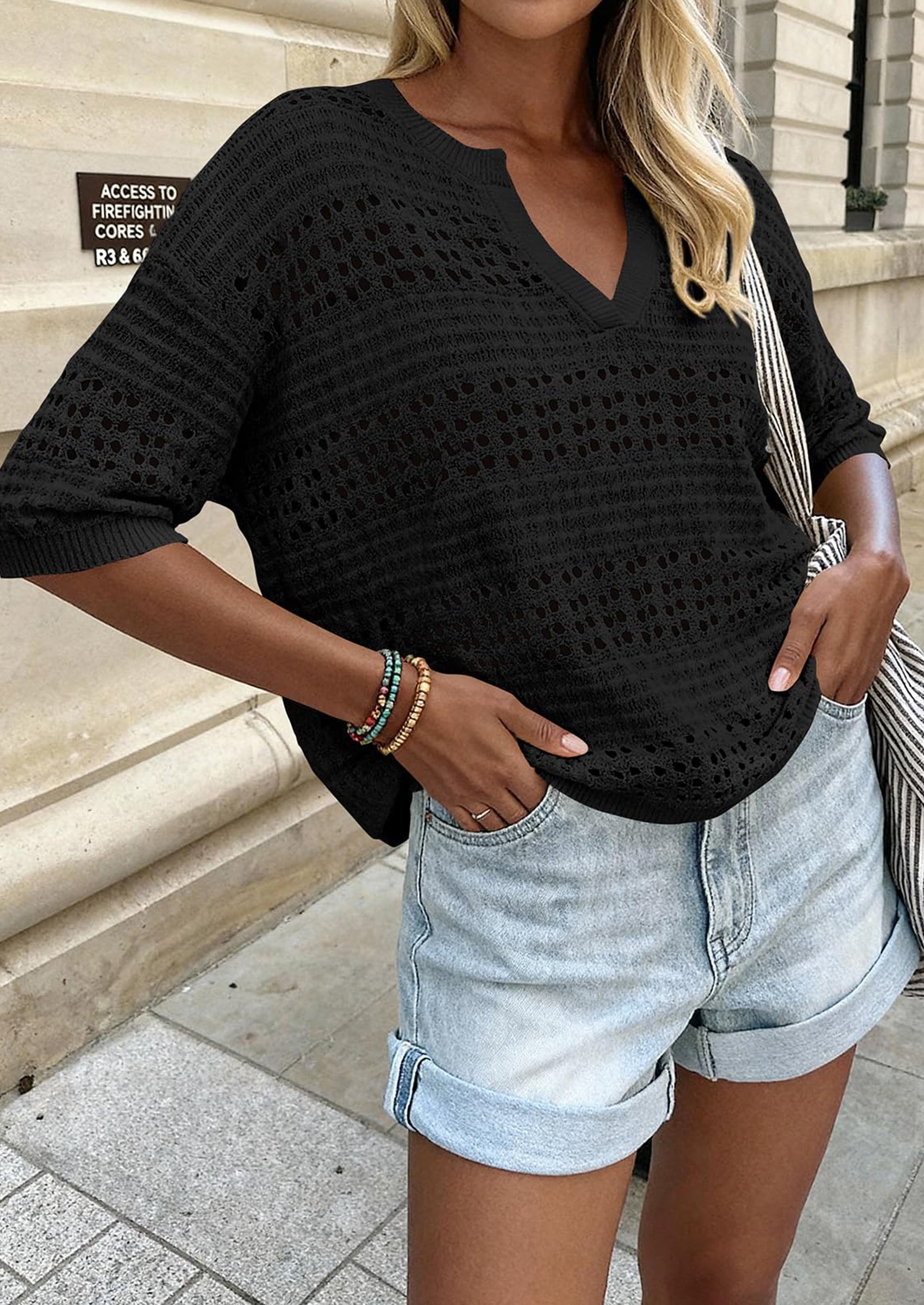 PRETTYGARDEN Womens Crochet Tops Casual Cotton Hollow Out Knit Short Sleeve Oversized Sweater for Women Summer Beach Cover Up PRETTYGARDEN