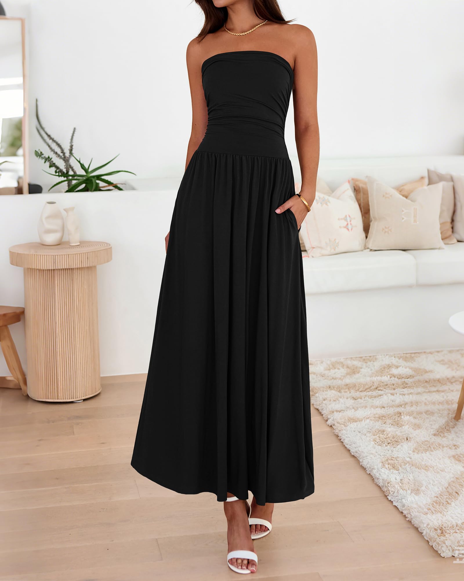 BTFBM Summer Maxi Dresses for Women Strapless Ruched Tube Top Beach Vacation Spring Wedding Guest Dress Pockets PRETTYGARDEN