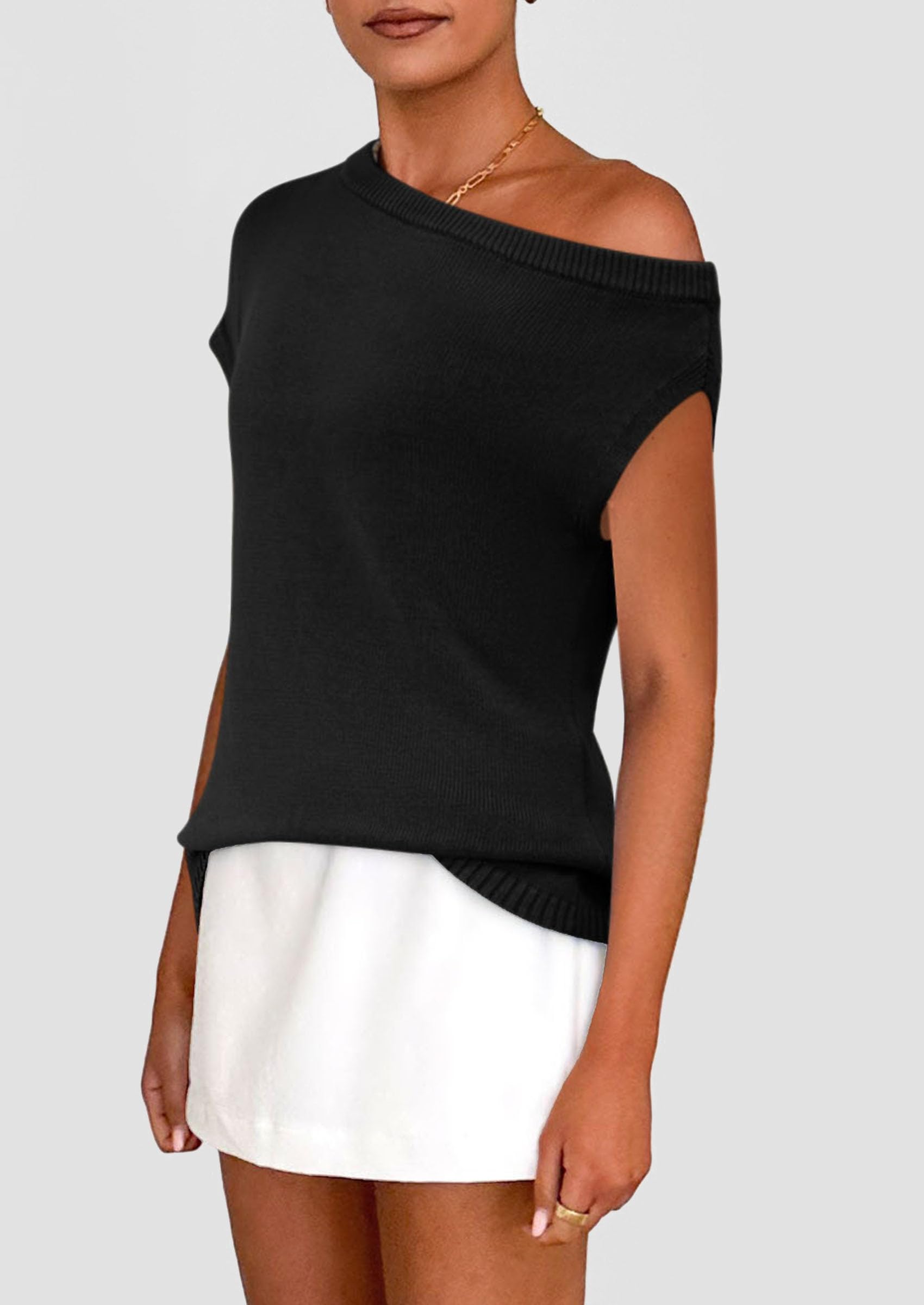 PRETTYGARDEN Womens Off The Shoulder Tops Summer Casual Short Sleeve Tunic T Shirts Lightweight Knit Sweaters