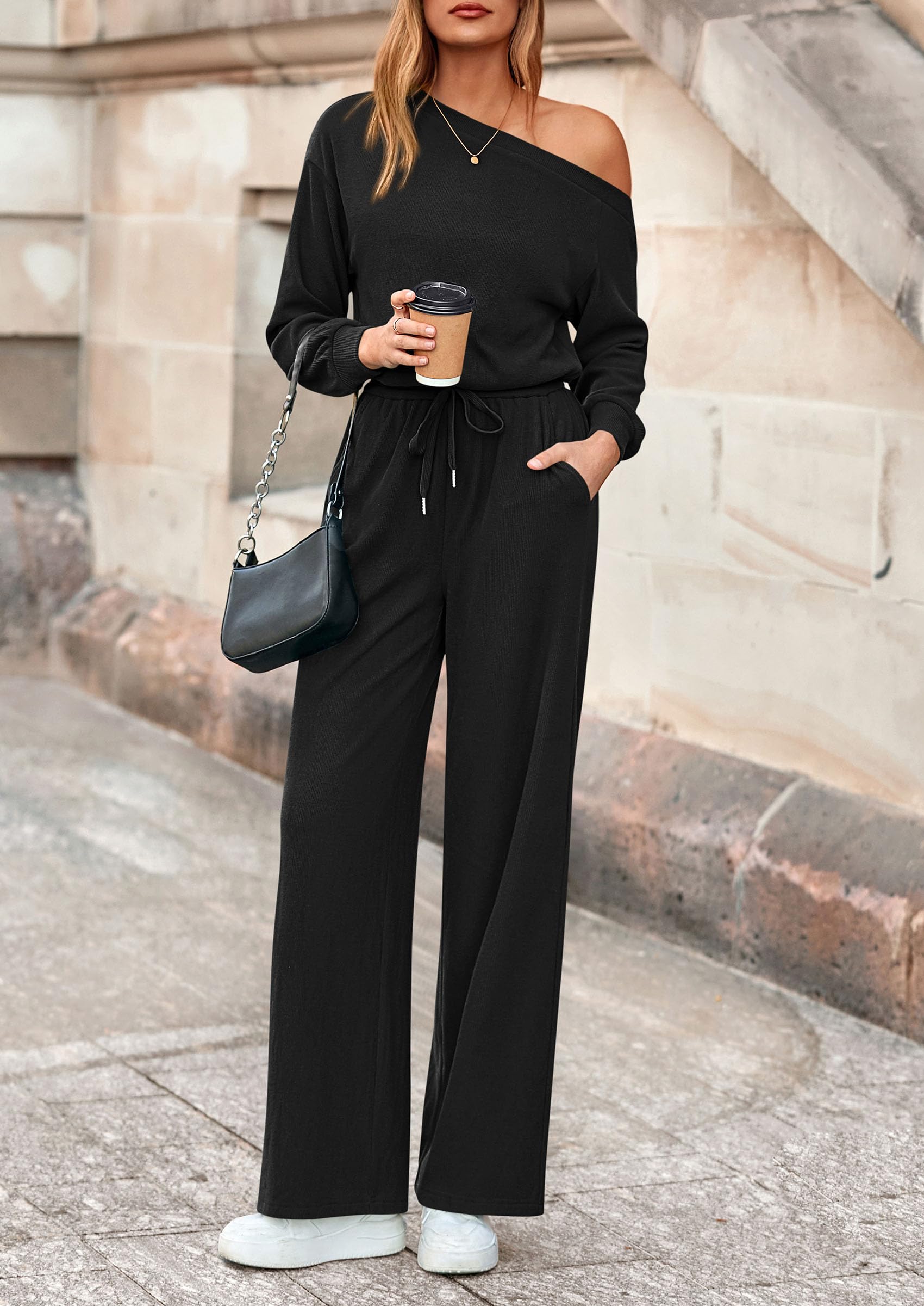 PRETTYGARDEN Long Sleeve Jumpsuit For Women Dressy Off Shoulder One Piece Loose Wide Leg Jumpsuits Casual Flowy Romper
