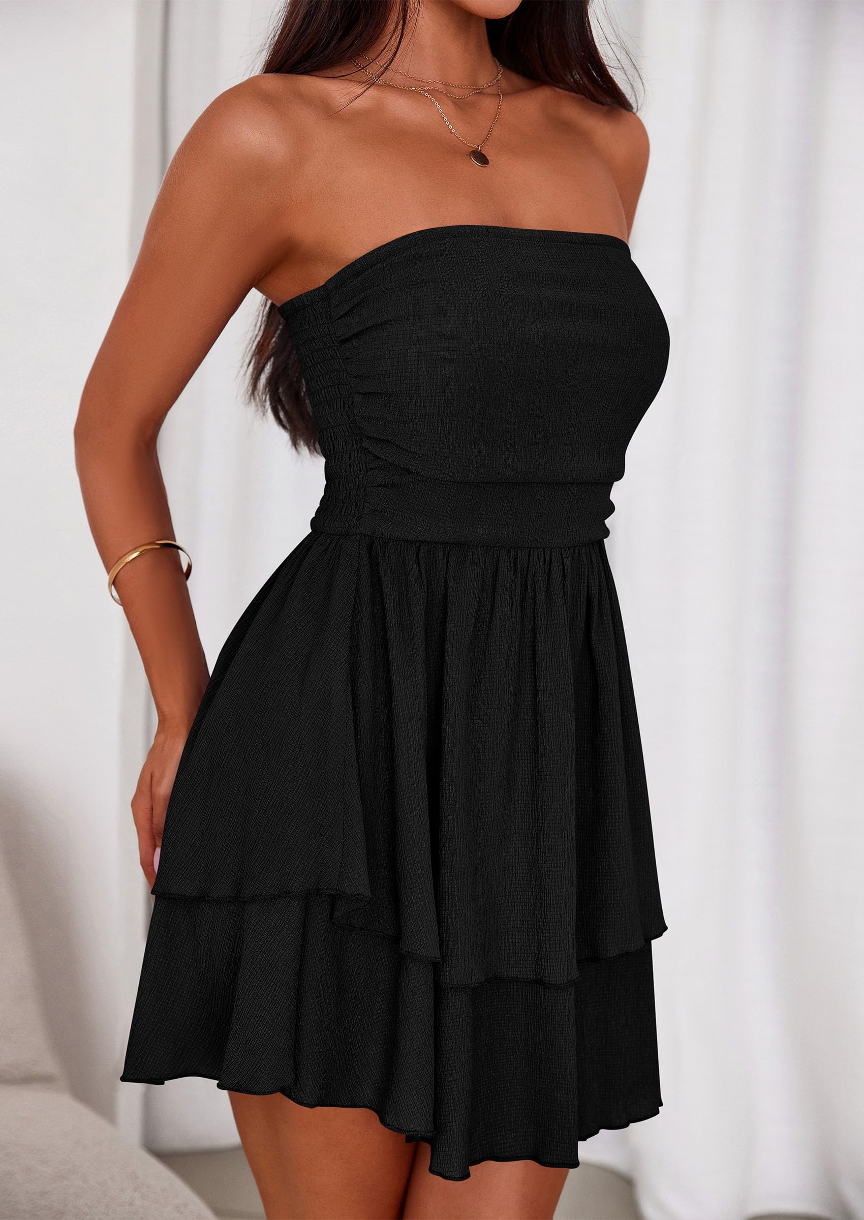 PRETTYGARDEN Women's Summer Strapless Tube Mini Dress Off Shoulder Smocked Ruffle A Line Flowy Short Party Club Dresses