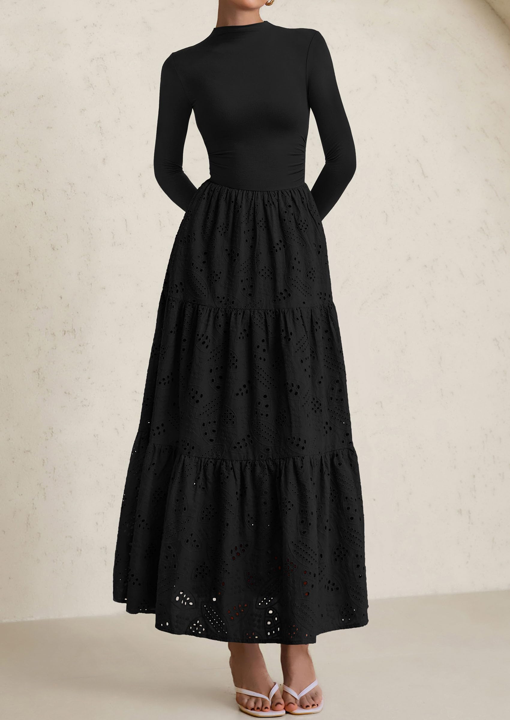 PRETTYGARDEN Long Sleeve Dress for Women Fall Eyelet Mock Neck A Line Elegant Classy Maxi Wedding Guest Dresses Pockets