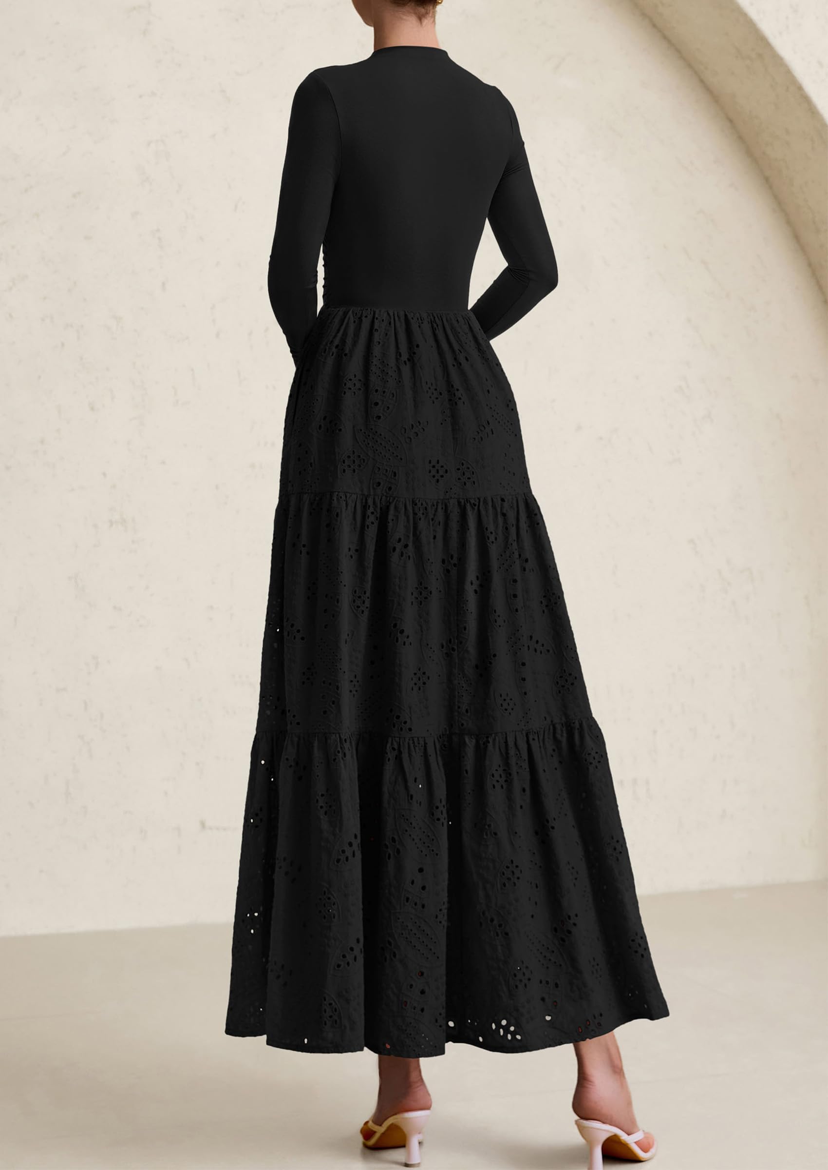 PRETTYGARDEN Long Sleeve Dress for Women Fall Eyelet Mock Neck A Line Elegant Classy Maxi Wedding Guest Dresses Pockets