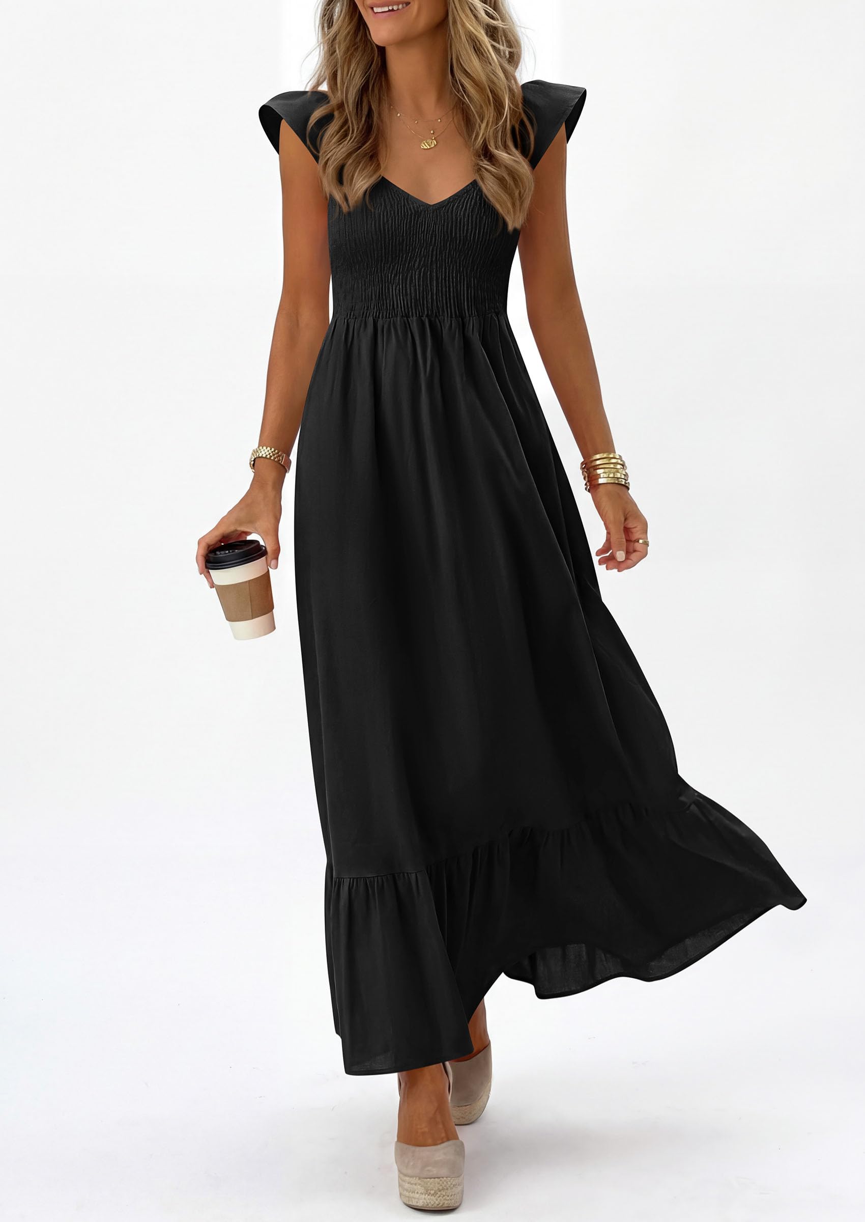 PRETTYGARDEN Women's Summer Casual Maxi Dresses Cap Sleeve V Neck Smocked Long Pockets Party Sundress Vacation Outfits PRETTYGARDEN