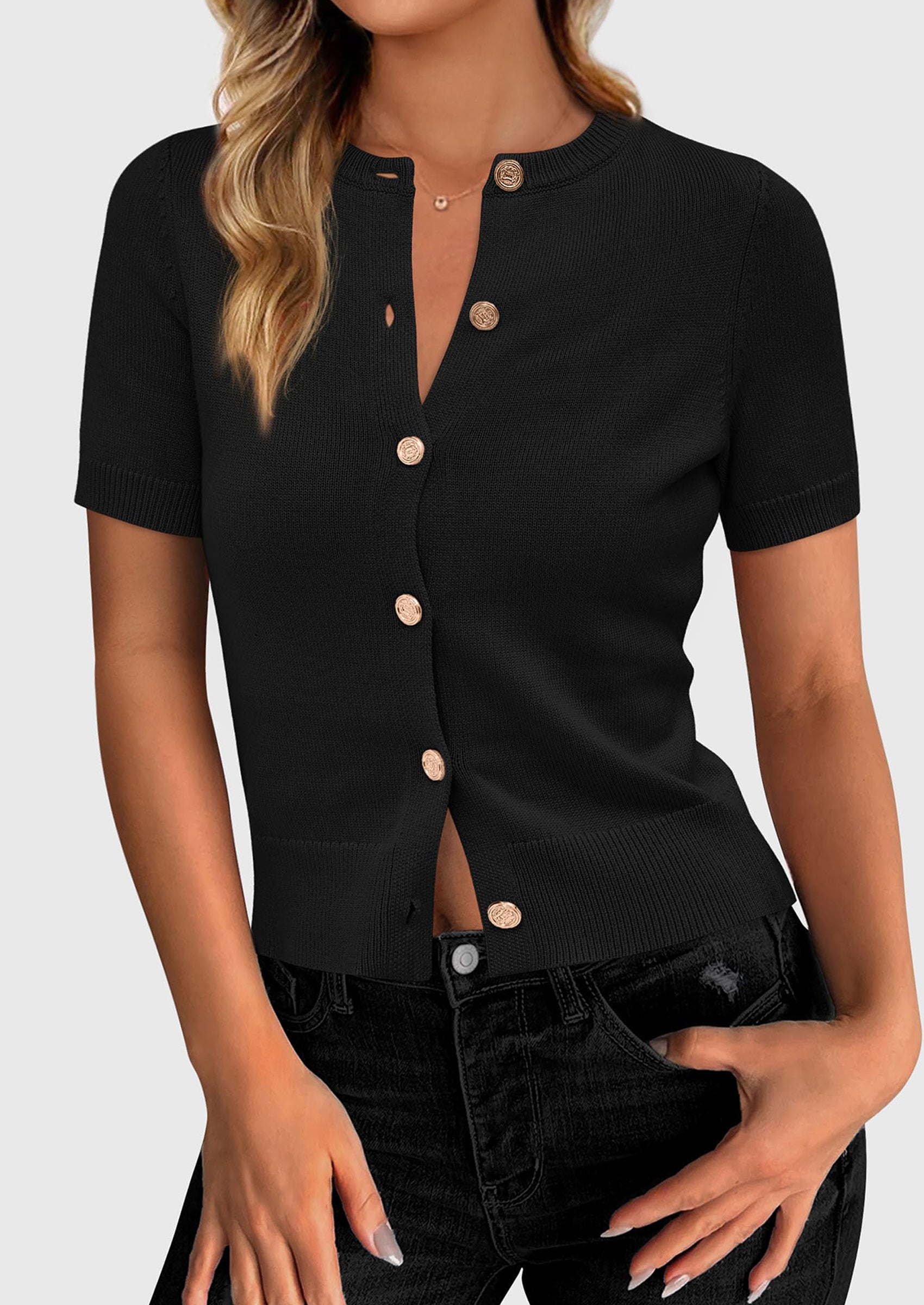 PRETTYGARDEN Womens Casual Summer Short Sleeve Cardigans Button Down Knitted Sweater Basic Crew Neck Crop Tops