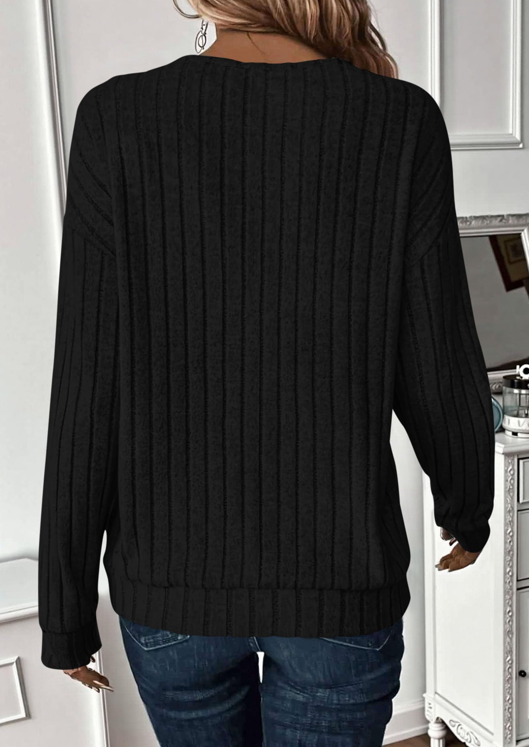 PRETTYGARDEN Fall Fashion Long Sleeve Shirts for Women Ribbed Knit V Neck Dressy Casual Lightweight Sweaters Tunic Tops