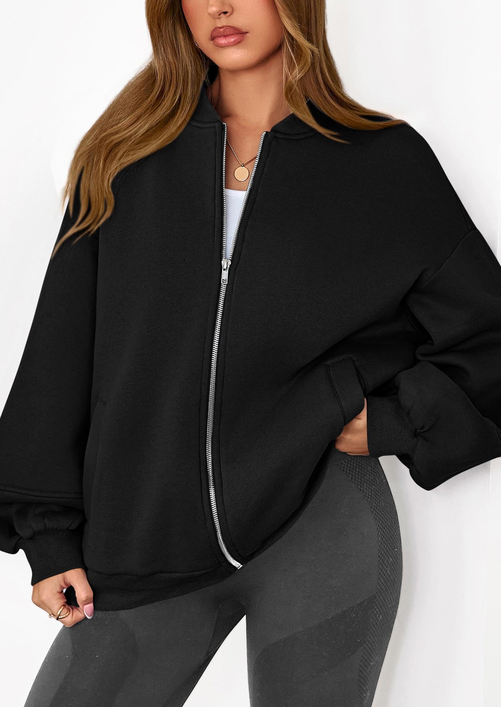 KIRUNDO Oversized Sweatshirt for Women Zip Up Bomber Jacket Fall Fashion Casual Long Sleeve Outerwear Winter Outfits PRETTYGARDEN