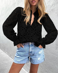 Women's Dressy Casual Blouse Tops Puff Long Sleeve Button V Neck Hollow Out Lace Embroidered Pullover Shirts