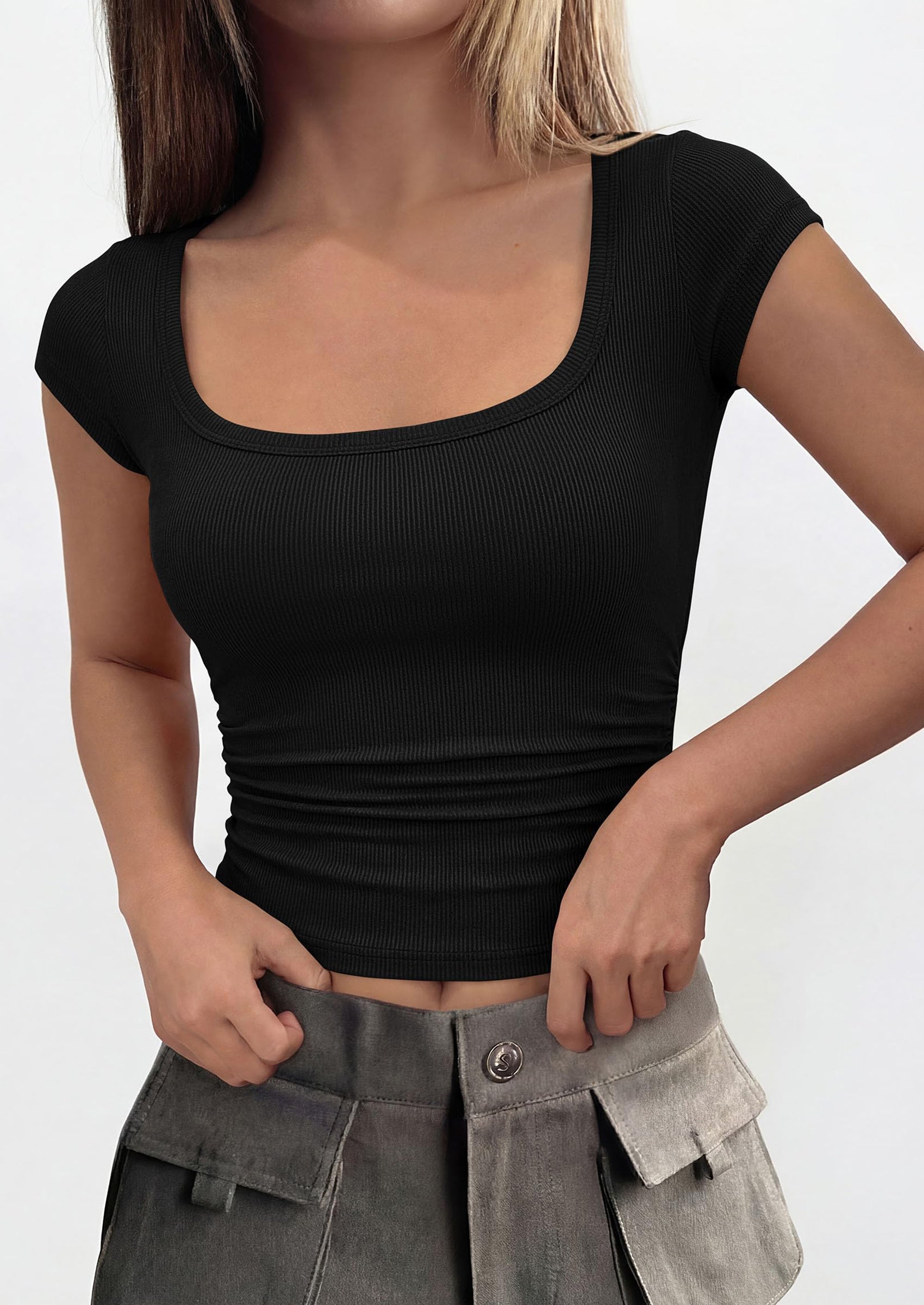 PRETTYGARDEN Womens Cap Sleeve T Shirts Square Neck Basic Tees Slim Fit Ribbed Knit Spring Going Out Tops Summer Clothes PRETTYGARDEN