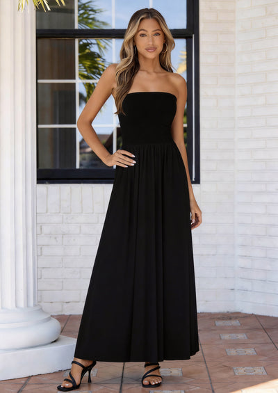 PRETTYGARDEN Women Summer Elegant Strapless Maxi Dress Tube Top Dress A Line Flowy Long Wedding Party Cocktail Dresses