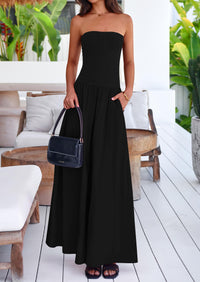 Women's 2025 Summer Strapless Maxi Dresses Patchwork Long Flowy Elegant Going Out Tube Top Dress with Pockets