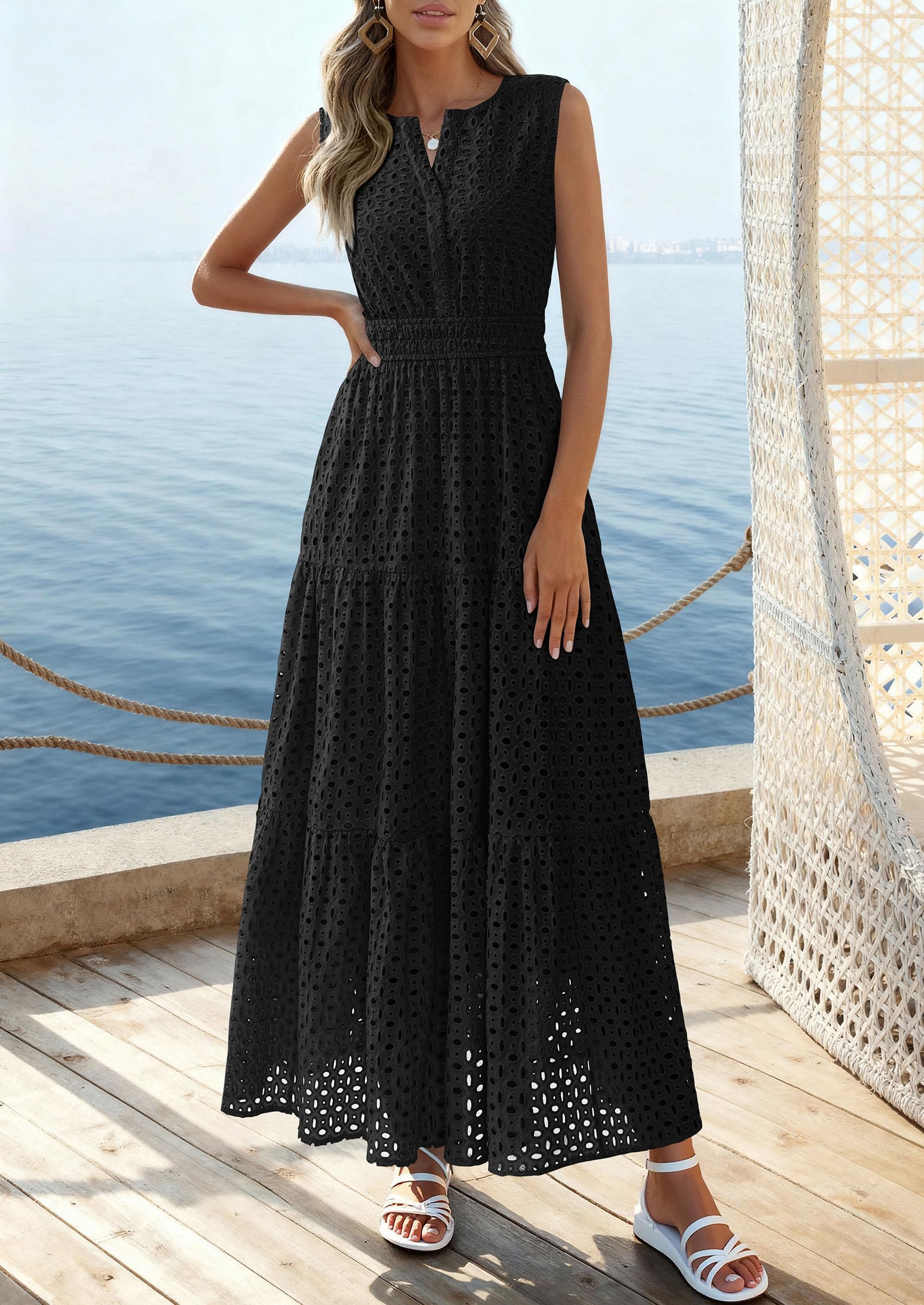 PRETTYGARDEN Summer Dresses for Women Sundresses Sleeveless V Neck Eyelet A Line Flowy Beach Vacation Spring Maxi Dress PRETTYGARDEN