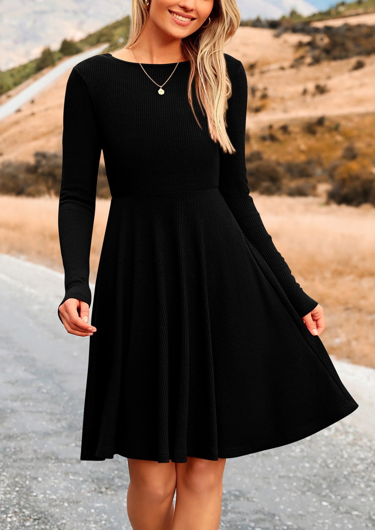 Women's Fall Short Dress Ribbed Knit Crewneck Long Sleeve A Line Flowy Casual Elegant Cute Going Out Dresses