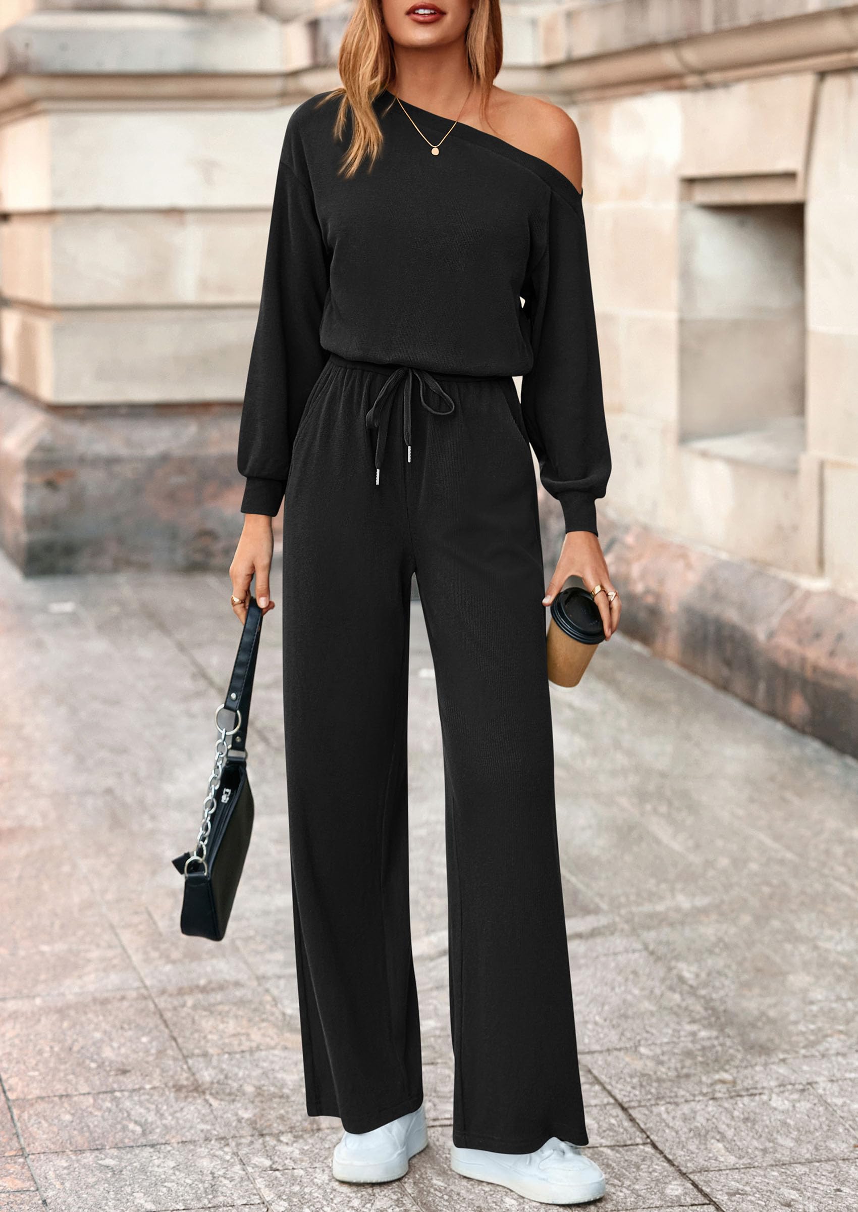 PRETTYGARDEN Long Sleeve Jumpsuit For Women Dressy Off Shoulder One Piece Loose Wide Leg Jumpsuits Casual Flowy Romper