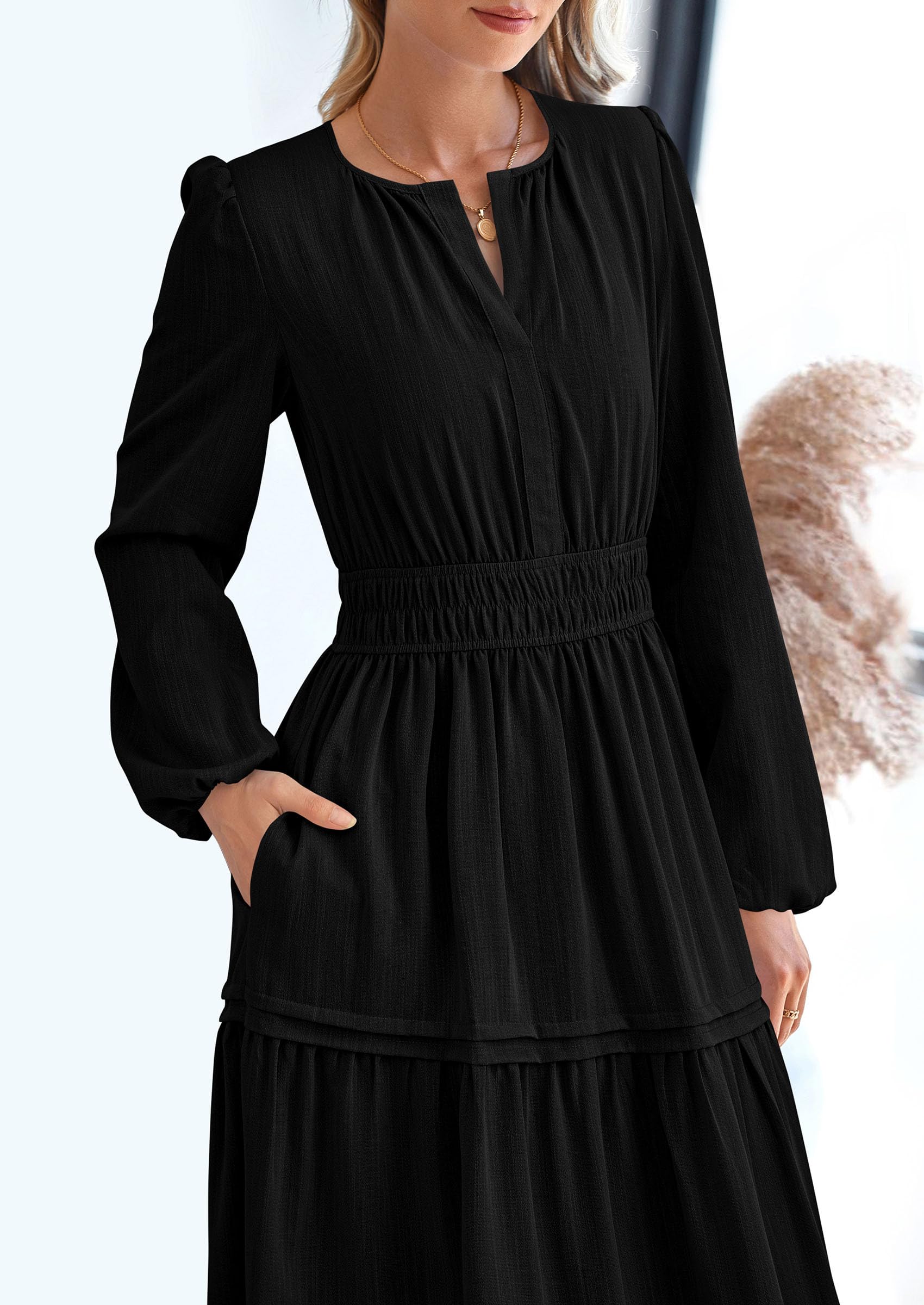 PRETTYGARDEN Women's Elegant Maxi Dresses Long Sleeve V Neck Flowy Pockets Casual Modest Dress Fall Fashion Clothes