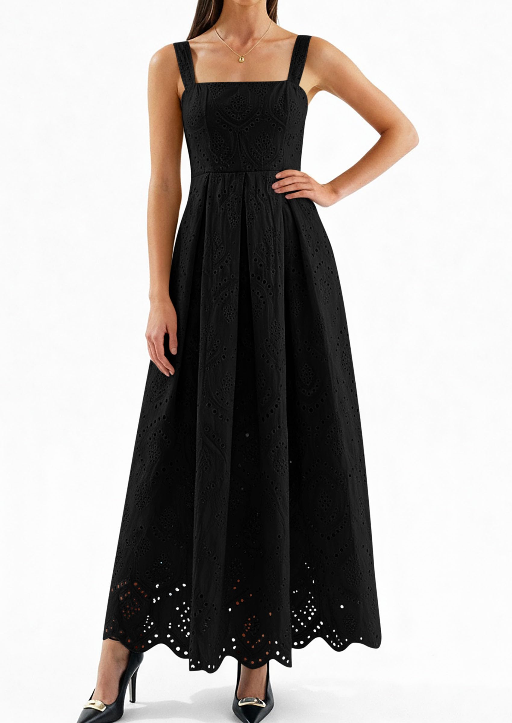 PRETTYGARDEN Womens Sleeveless Maxi Summer Dresses Hollow Out Eyelet Square Neck Ruffle Flowy Beach Vacation Sundress PRETTYGARDEN