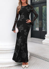 PRETTYGARDEN Women's Formal Floral Maxi Bodycon Dresses  Ruffle Long Sleeve, Fall Winter Outfits 2026 for Wedding Guest, Homecoming & Cocktail, Slimming Mesh Dress with Lining