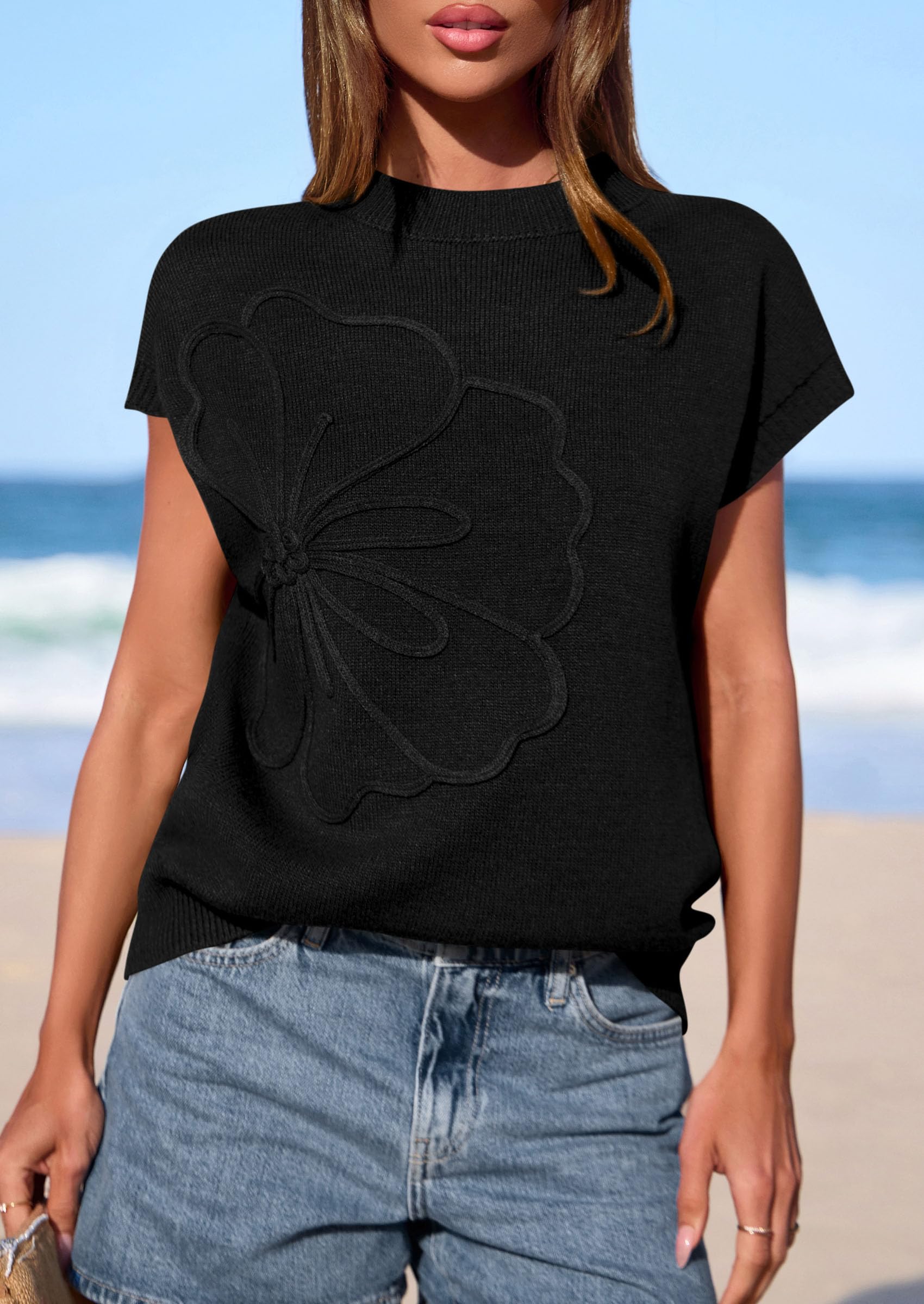 PRETTYGARDEN Women's Spring Sweater Vest Trendy Flower Knit Short Sleeve Cute Pullover Tank Tops Summer Fashion Clothing PRETTYGARDEN