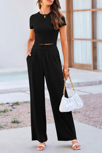 2 Piece Summer Knit Short Sleeve Crop Tops Wide Leg Pants Tracksuit