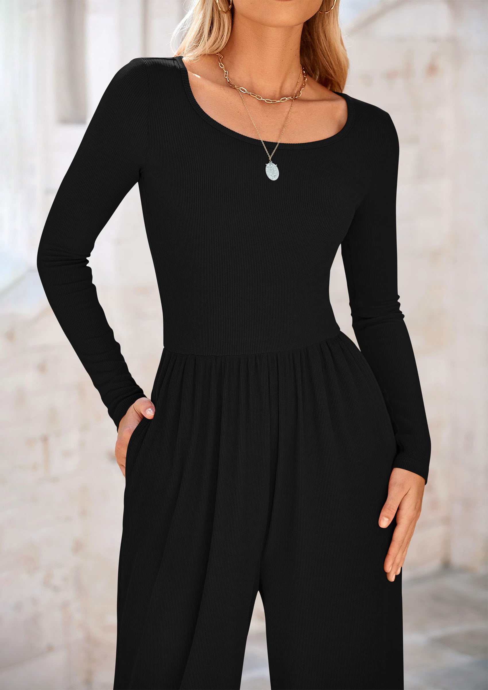 PRETTYGARDEN Fashion Jumpsuits Dressy Casual Long Sleeve Wide Leg Ribbed Knit Rompers