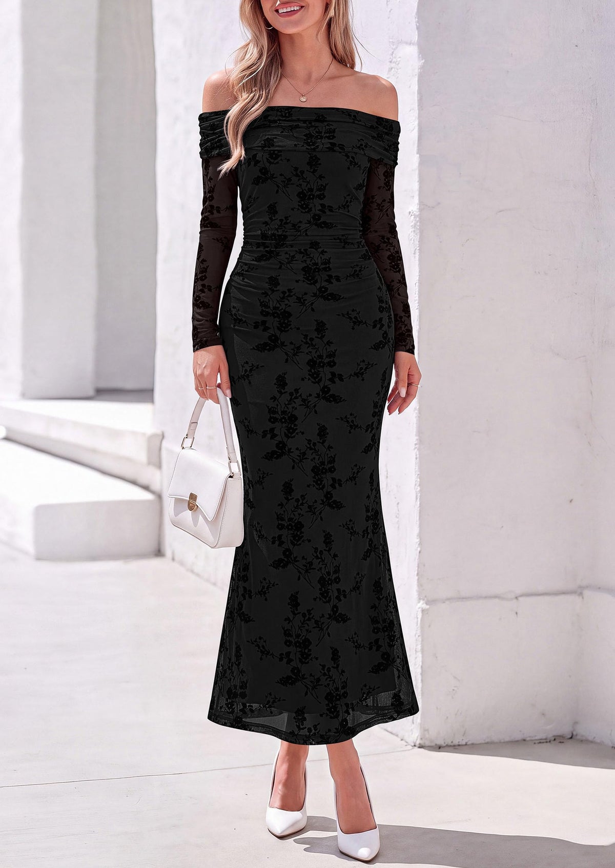 PRETTYGARDEN Womens Off Shoulder Floral Maxi Wedding Guest Dress  Mesh Slim Fit,Elegant Bodycon,Formal Party Cocktail Dress,Bridal Shower Baby Shower,Date Night Outfits,Vacation Long Dresses